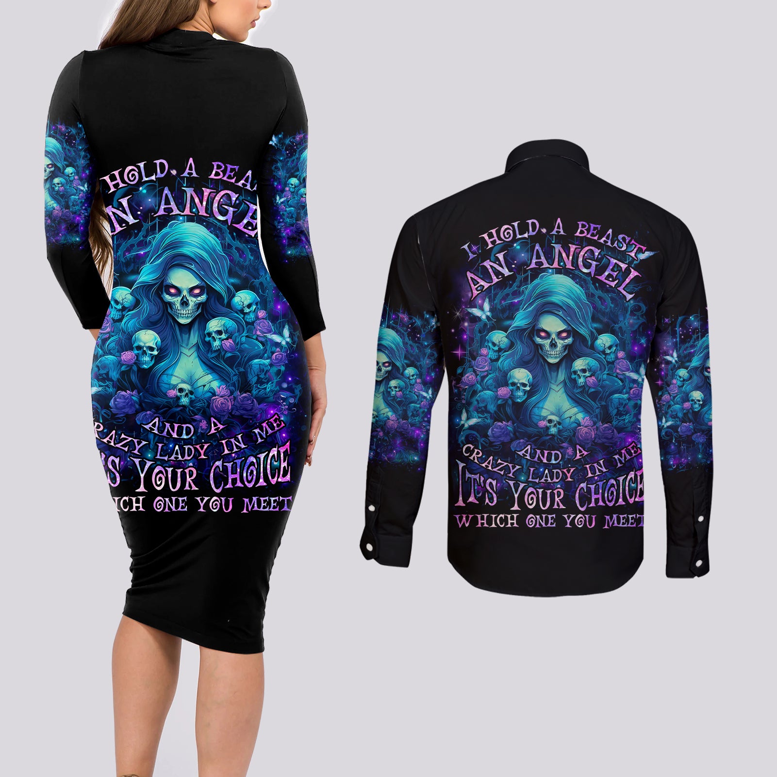 Flame Skull Couples Matching Long Sleeve Bodycon Dress and Long Sleeve Button Shirt If You Kick Me When I'm Down You Better Pray I Don't Get Up