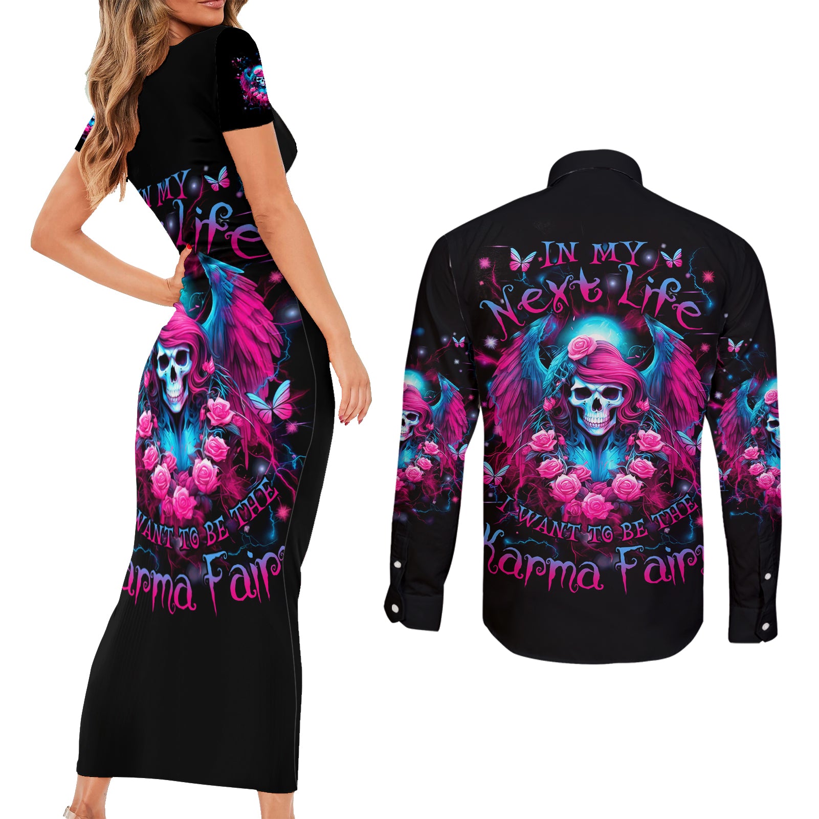 Witch Skull Couples Matching Short Sleeve Bodycon Dress and Long Sleeve Button Shirt Buckle Up Buttercup You Just Flipped My Bitch Switch