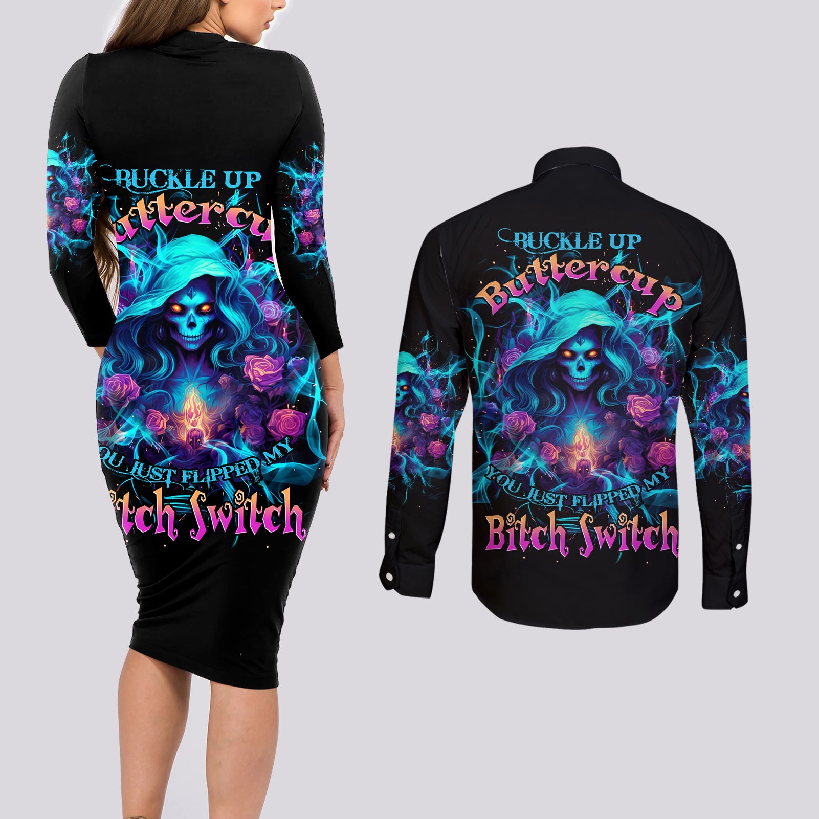 Witch Skull Couples Matching Long Sleeve Bodycon Dress and Long Sleeve Button Shirt I'm A Good Person But Don't Give Me A Reason To Show My Evel Side