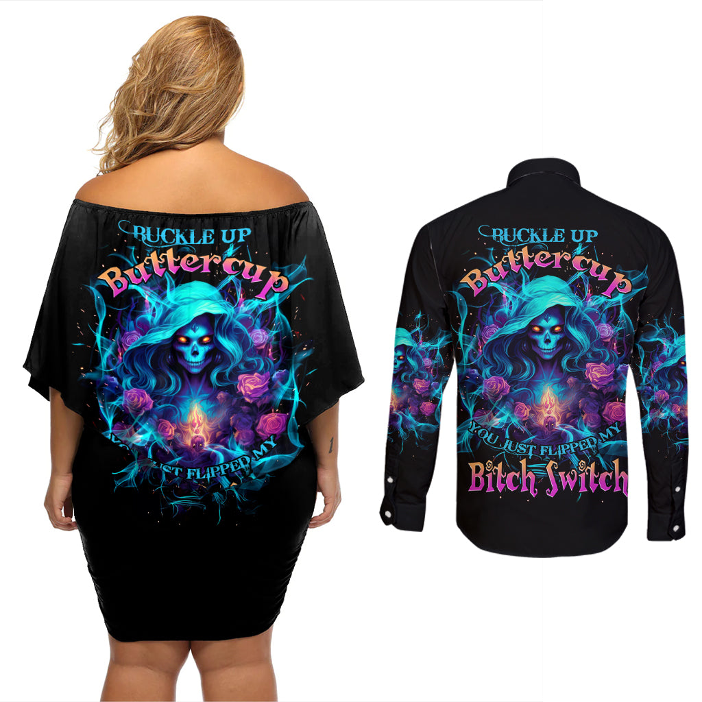 Witch Skull Couples Matching Off Shoulder Short Dress and Long Sleeve Button Shirt I'm A Good Person But Don't Give Me A Reason To Show My Evel Side