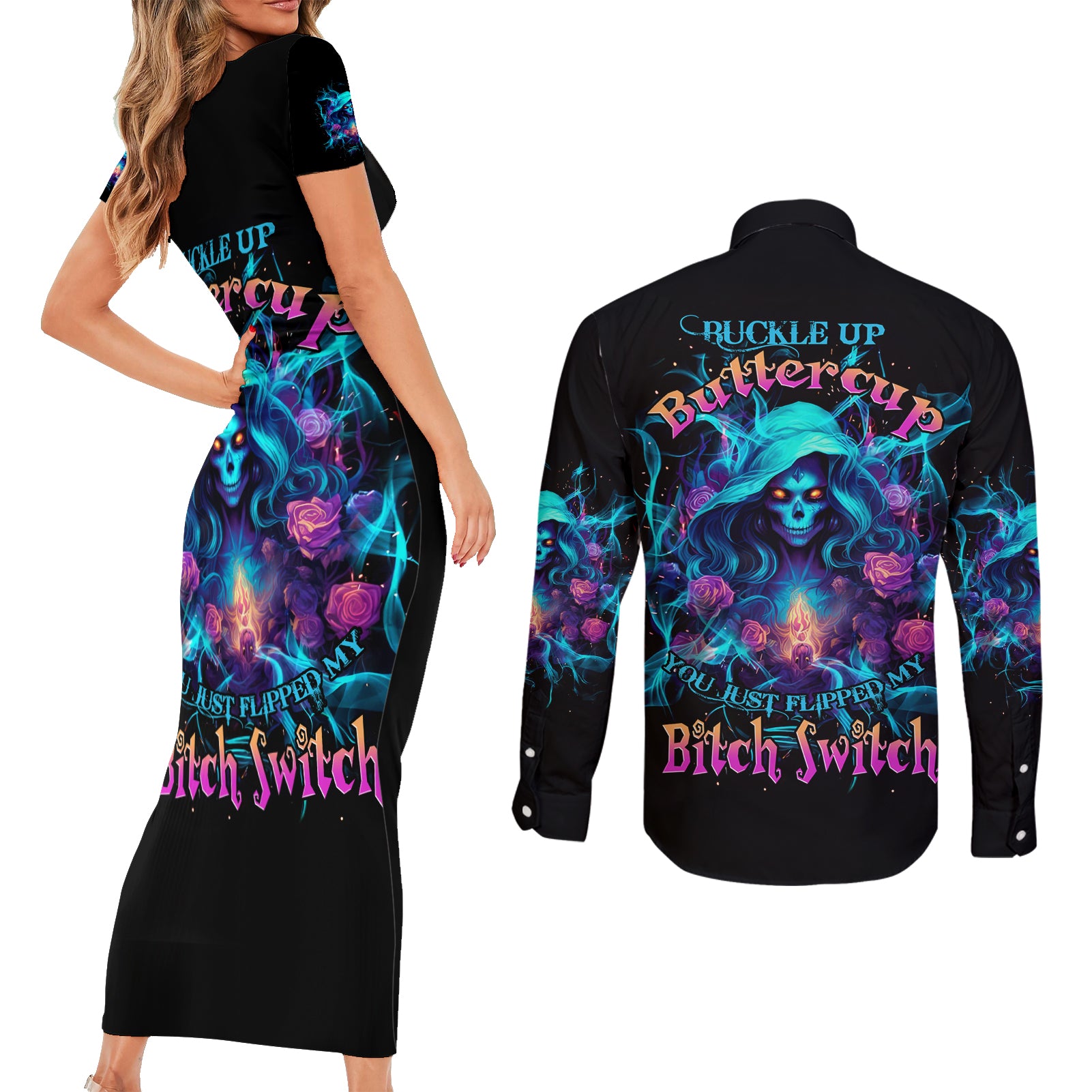 Witch Skull Couples Matching Short Sleeve Bodycon Dress and Long Sleeve Button Shirt I'm A Good Person But Don't Give Me A Reason To Show My Evel Side