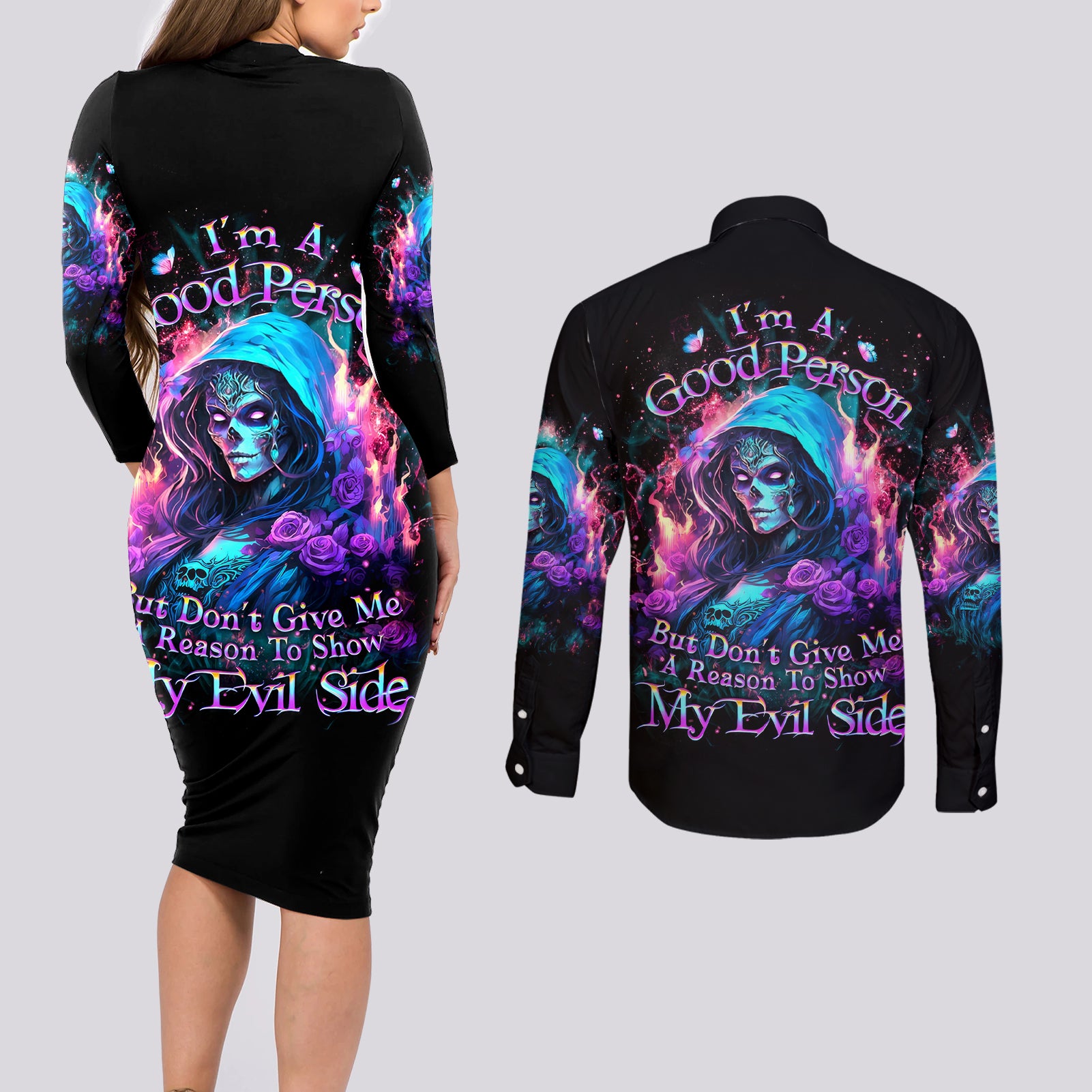 Lady Skull Couples Matching Long Sleeve Bodycon Dress and Long Sleeve Button Shirt The Good Girl In Me Got Tired Of The Bullshit