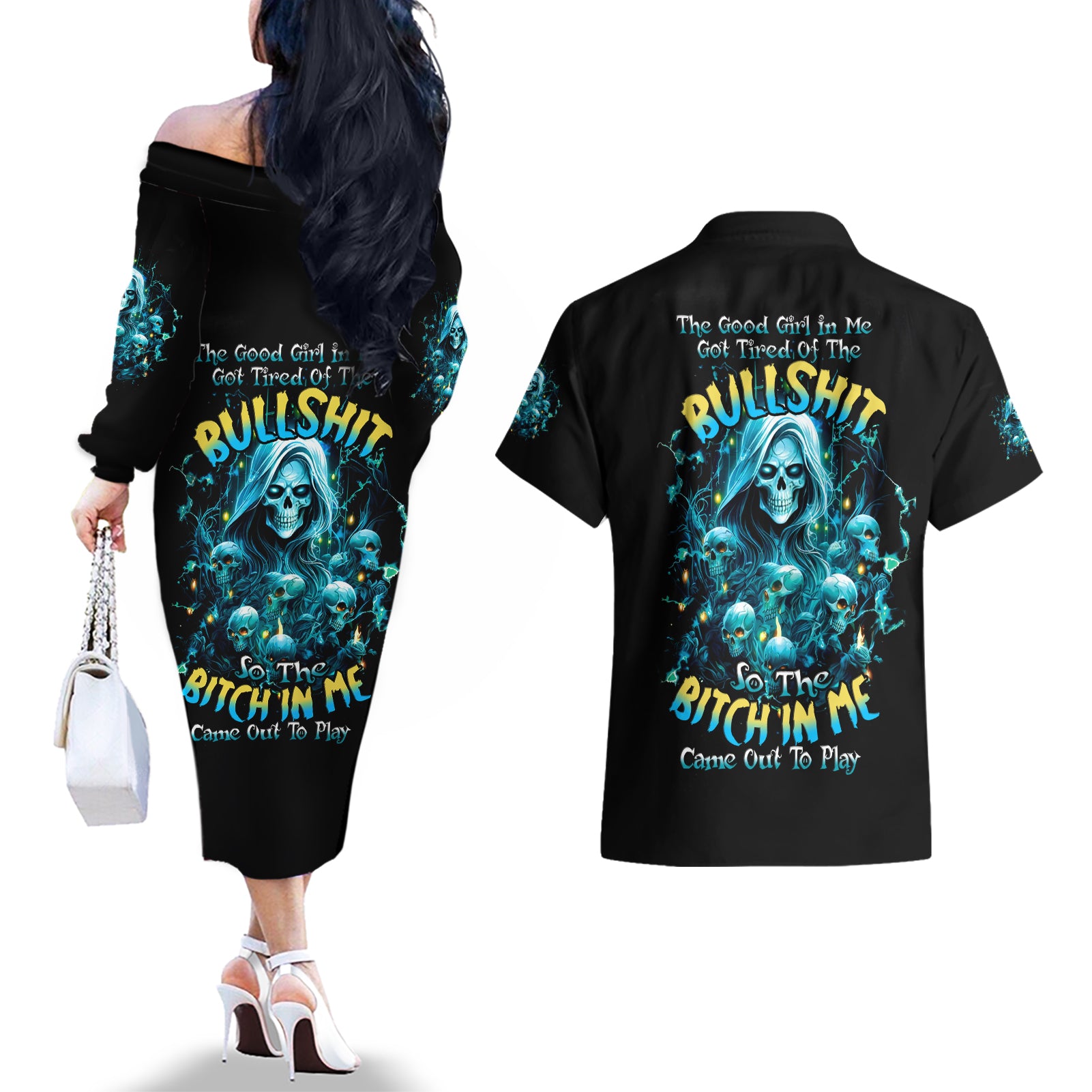 Irsh Girl Skull Couples Matching Off The Shoulder Long Sleeve Dress and Hawaiian Shirt Drink Up Bitch