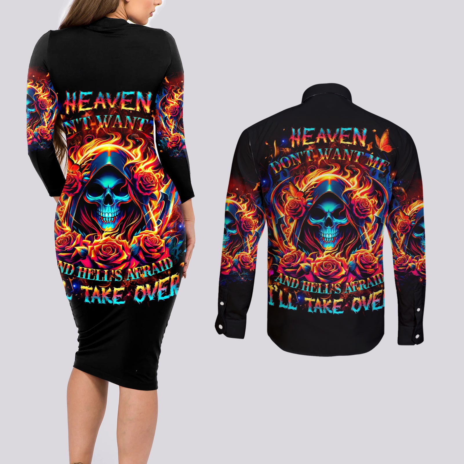 Flame Skull Couples Matching Long Sleeve Bodycon Dress and Long Sleeve Button Shirt Heaven Don't Want Me And Hell's Afraid I'll Take Over