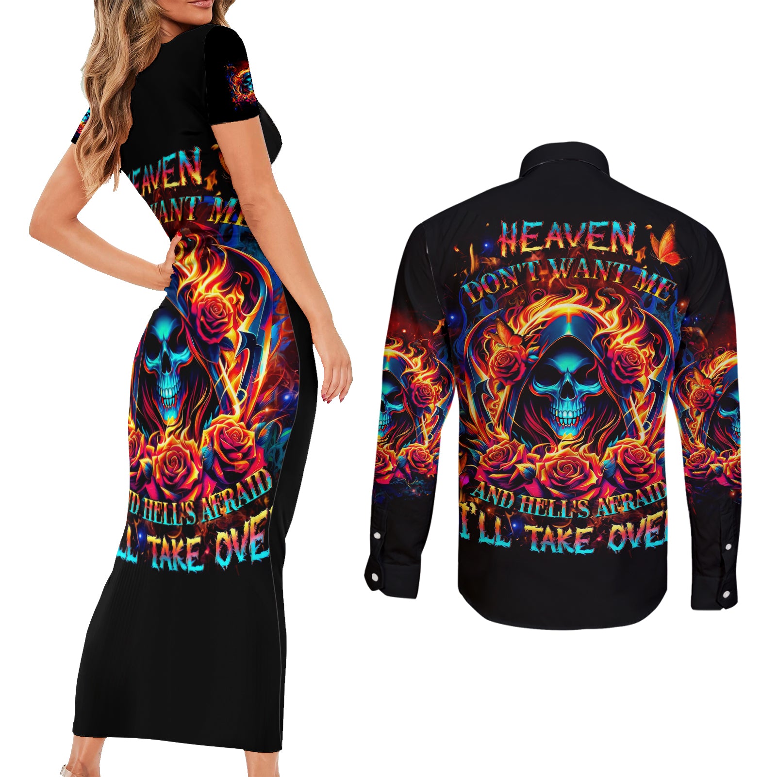 Flame Skull Couples Matching Short Sleeve Bodycon Dress and Long Sleeve Button Shirt Heaven Don't Want Me And Hell's Afraid I'll Take Over