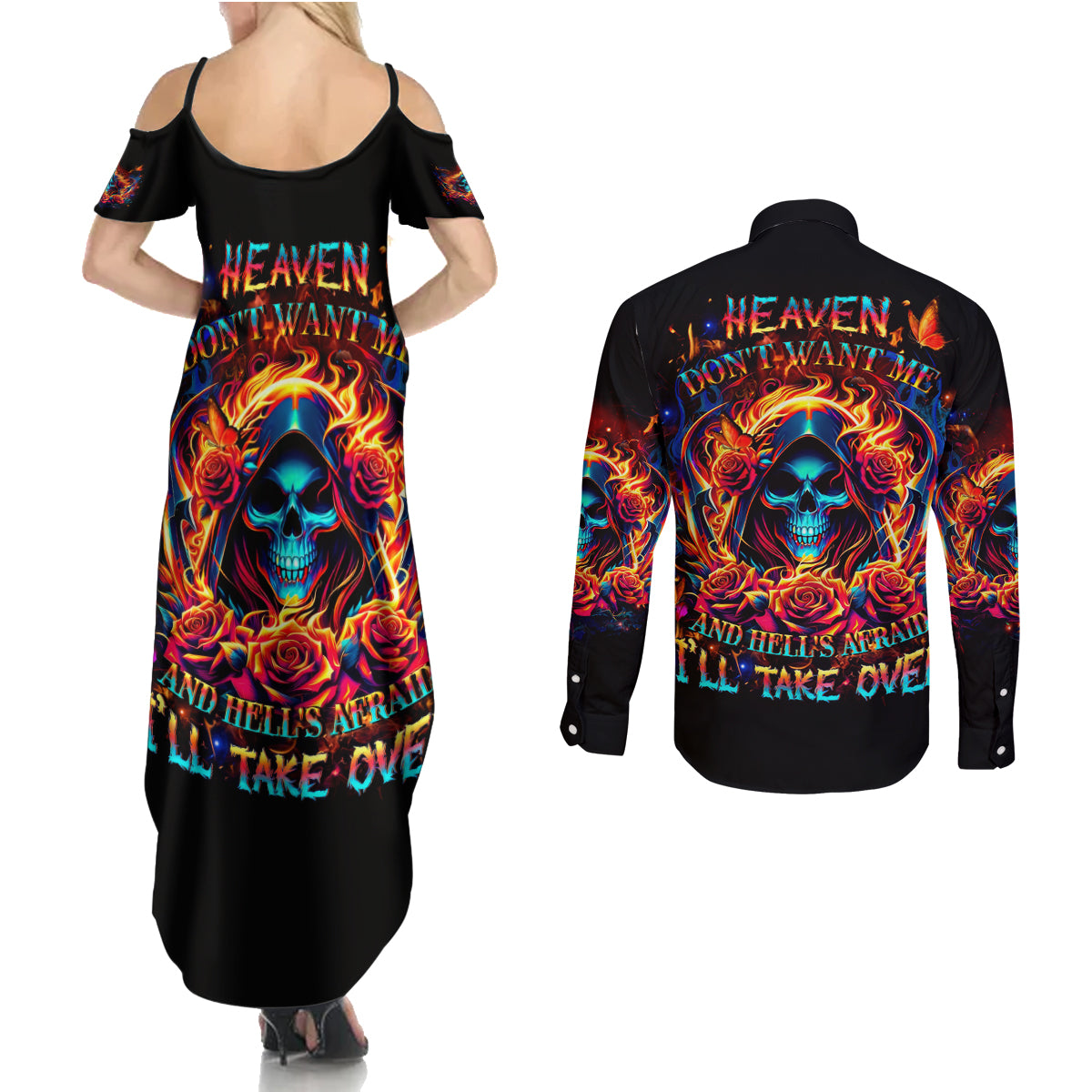 Flame Skull Couples Matching Summer Maxi Dress and Long Sleeve Button Shirt Heaven Don't Want Me And Hell's Afraid I'll Take Over