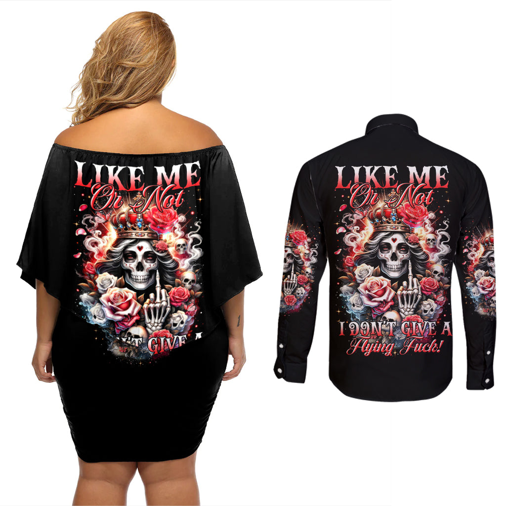 Rose Skull Couples Matching Off Shoulder Short Dress and Long Sleeve Button Shirt Like Me Or Not I Don't Give A Flying Fuck