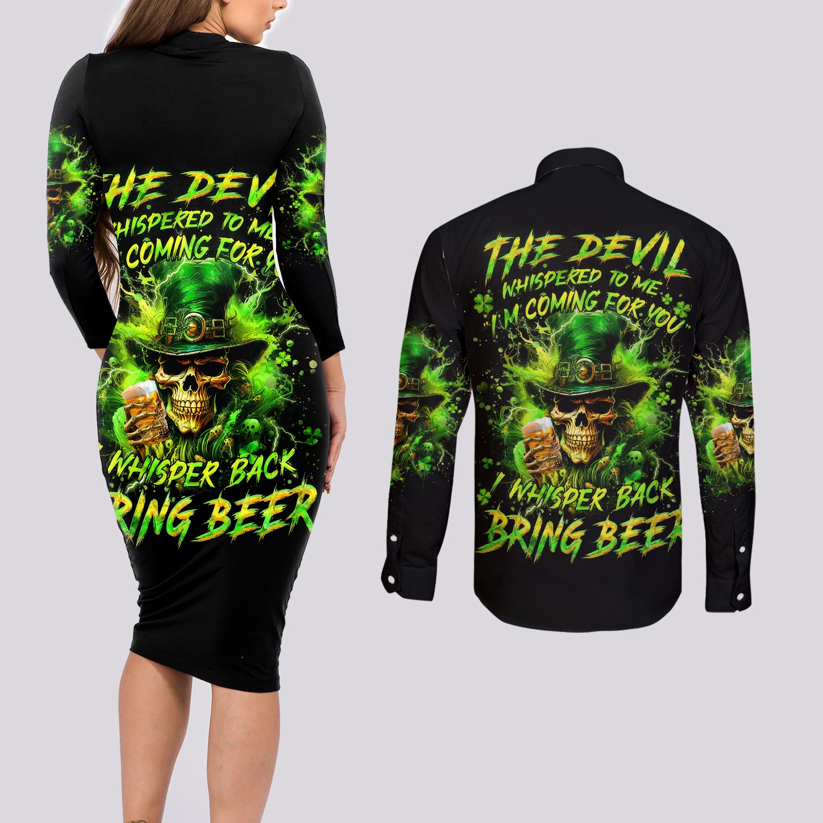 Irish Skull Couples Matching Long Sleeve Bodycon Dress and Long Sleeve Button Shirt The Devil Whispered To Me I'm Coming For You I Whisper Back Bring Beer