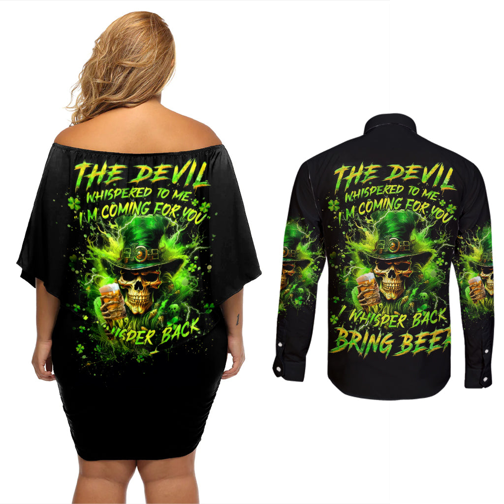 Irish Skull Couples Matching Off Shoulder Short Dress and Long Sleeve Button Shirt The Devil Whispered To Me I'm Coming For You I Whisper Back Bring Beer