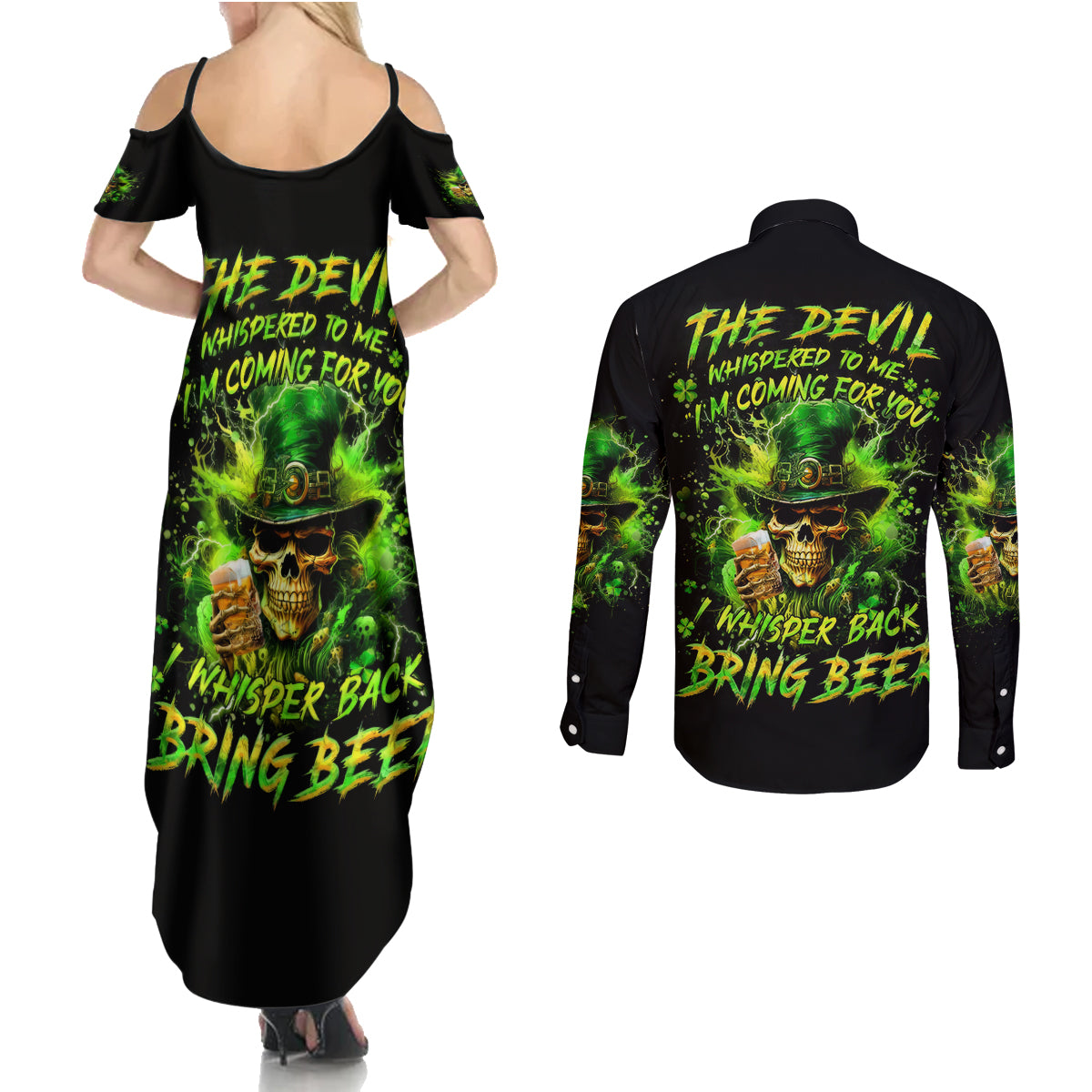 Irish Skull Couples Matching Summer Maxi Dress and Long Sleeve Button Shirt The Devil Whispered To Me I'm Coming For You I Whisper Back Bring Beer