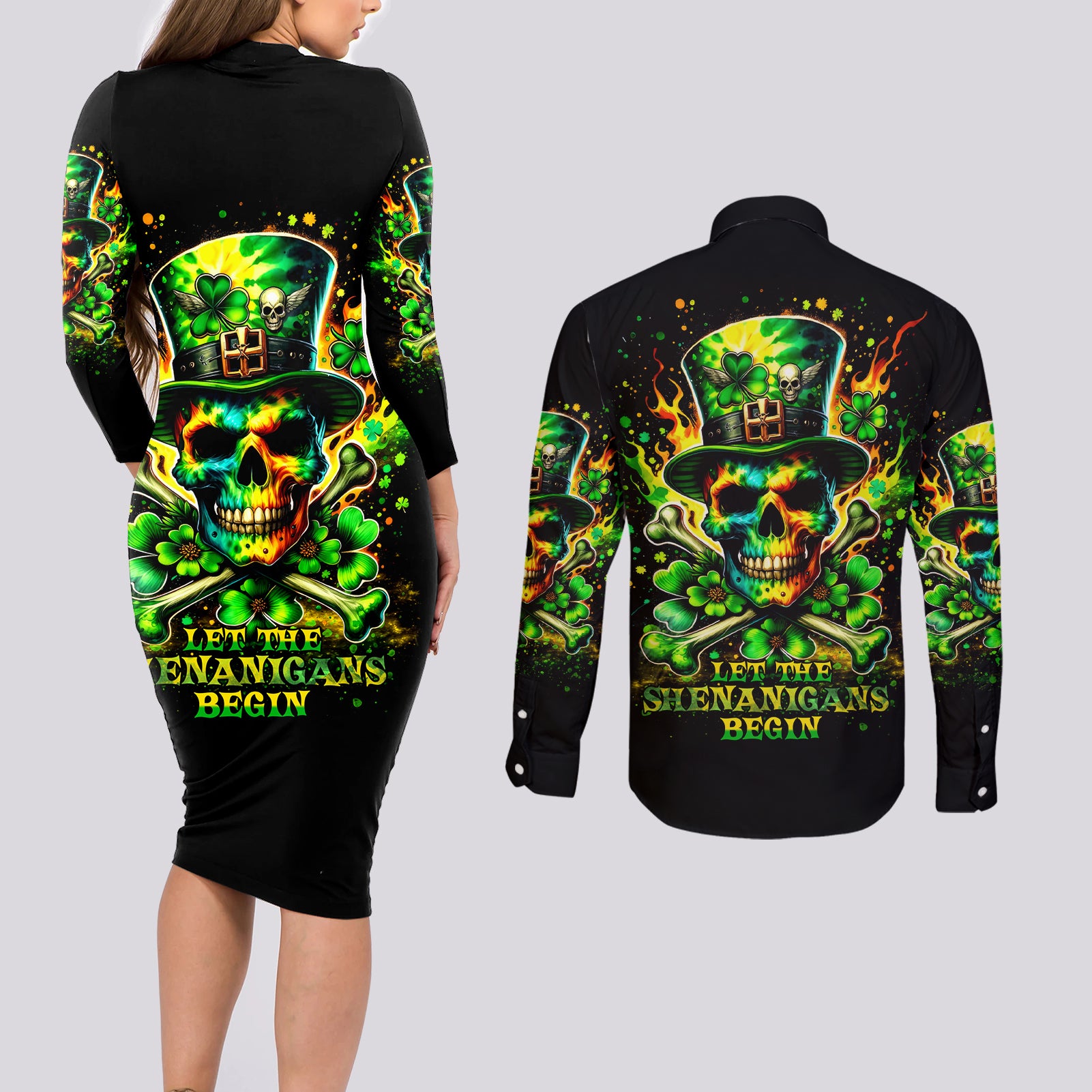 Irish Skull Couples Matching Long Sleeve Bodycon Dress and Long Sleeve Button Shirt Let The Shenanigans Begin