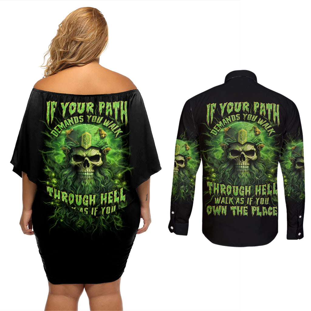 Viking Skull Couples Matching Off Shoulder Short Dress and Long Sleeve Button Shirt If Your Path Demnads You Walk Through Hell Walk As If You Own The Place