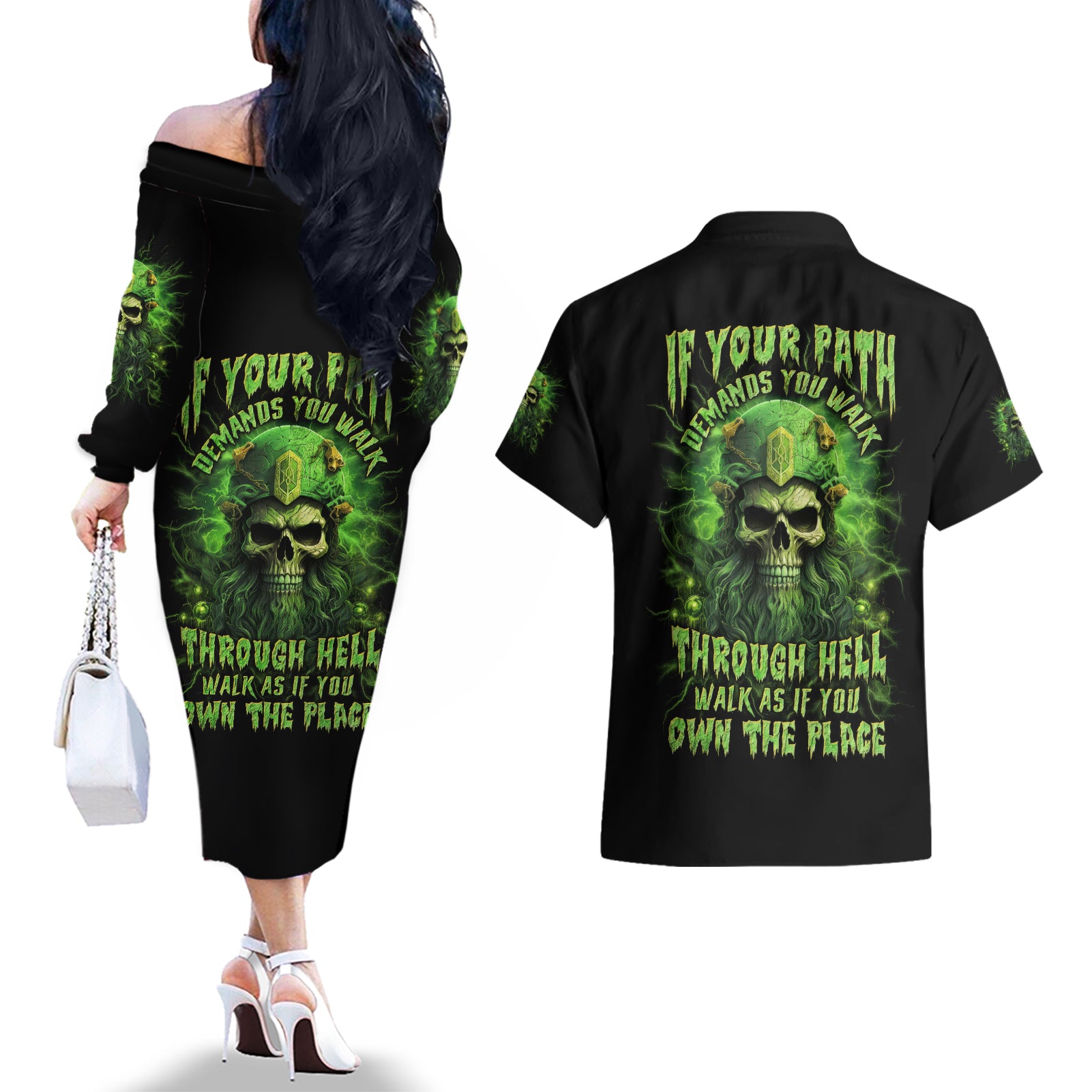 Viking Skull Couples Matching Off The Shoulder Long Sleeve Dress and Hawaiian Shirt If Your Path Demnads You Walk Through Hell Walk As If You Own The Place