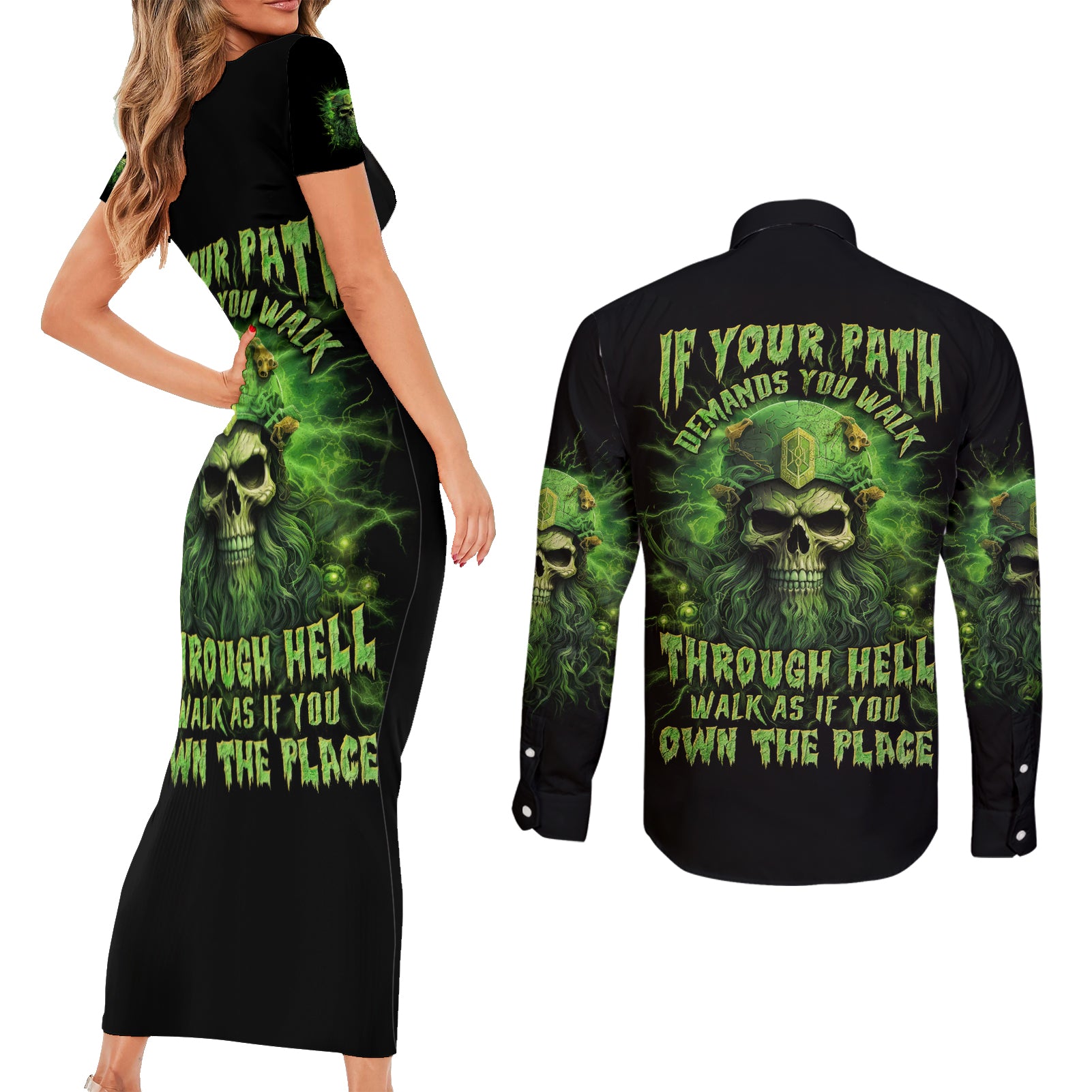 Viking Skull Couples Matching Short Sleeve Bodycon Dress and Long Sleeve Button Shirt If Your Path Demnads You Walk Through Hell Walk As If You Own The Place