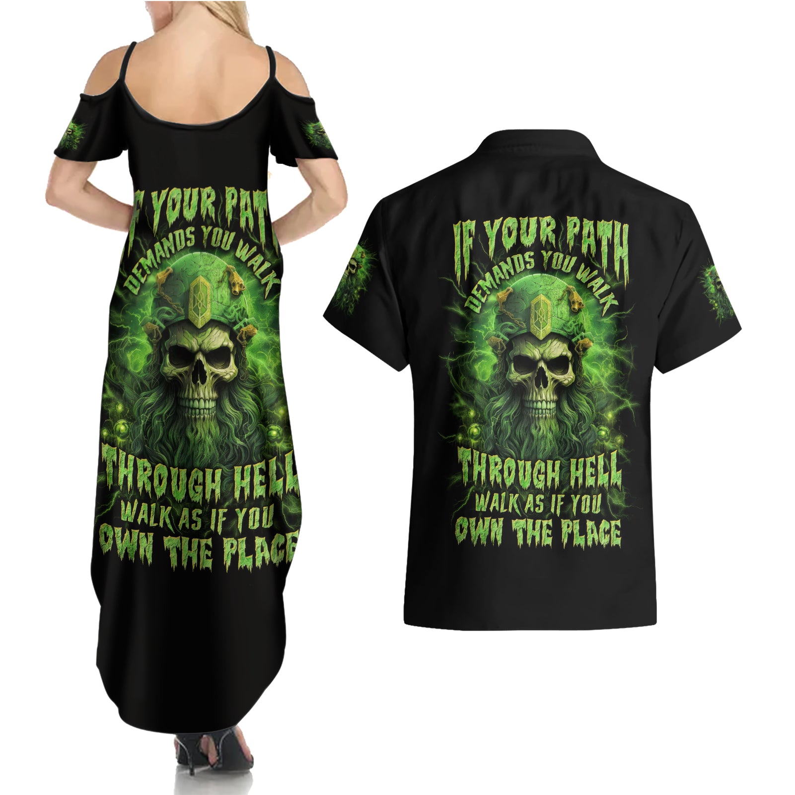 Viking Skull Couples Matching Summer Maxi Dress and Hawaiian Shirt If Your Path Demnads You Walk Through Hell Walk As If You Own The Place