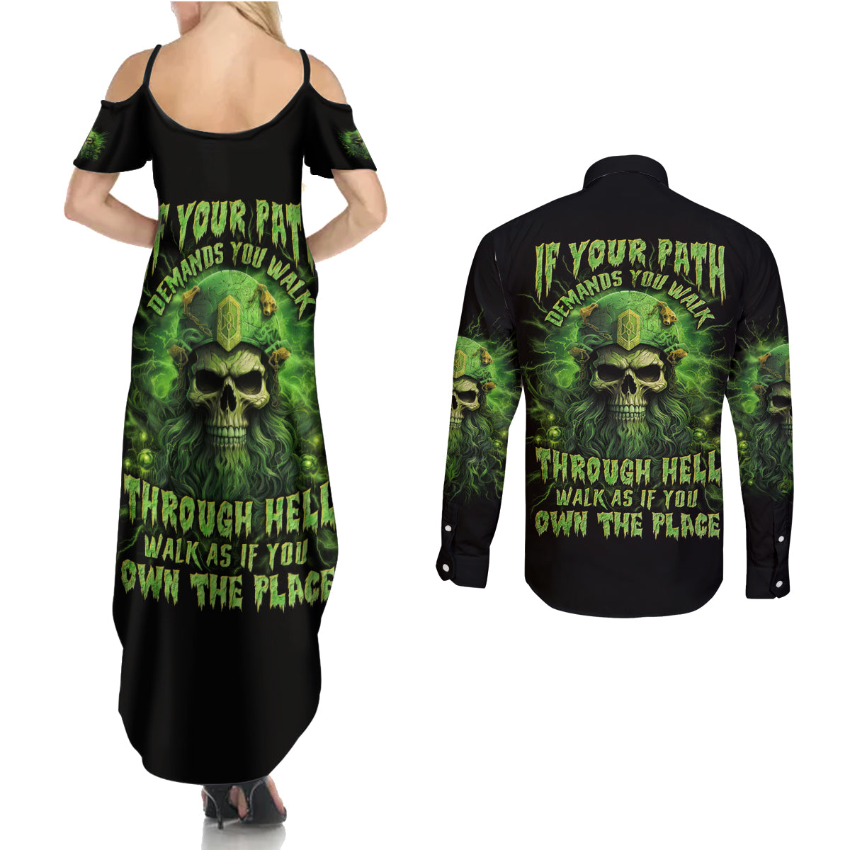 Viking Skull Couples Matching Summer Maxi Dress and Long Sleeve Button Shirt If Your Path Demnads You Walk Through Hell Walk As If You Own The Place