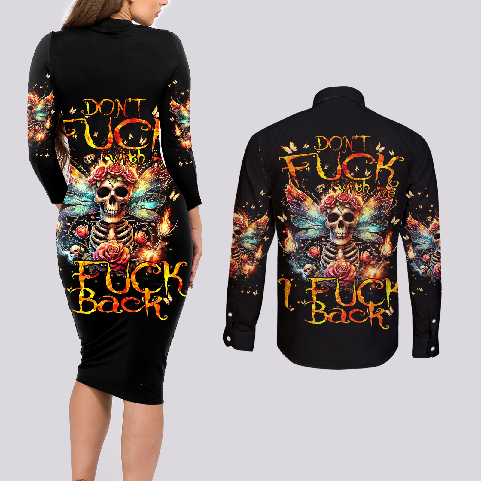 Fairy Skull Couples Matching Long Sleeve Bodycon Dress and Long Sleeve Button Shirt Don't Fuck With Me I Fuck Back