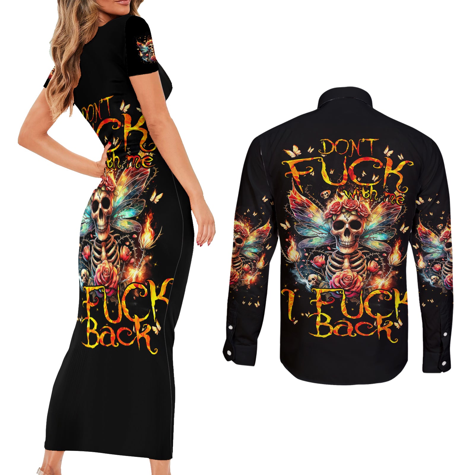 Fairy Skull Couples Matching Short Sleeve Bodycon Dress and Long Sleeve Button Shirt Don't Fuck With Me I Fuck Back