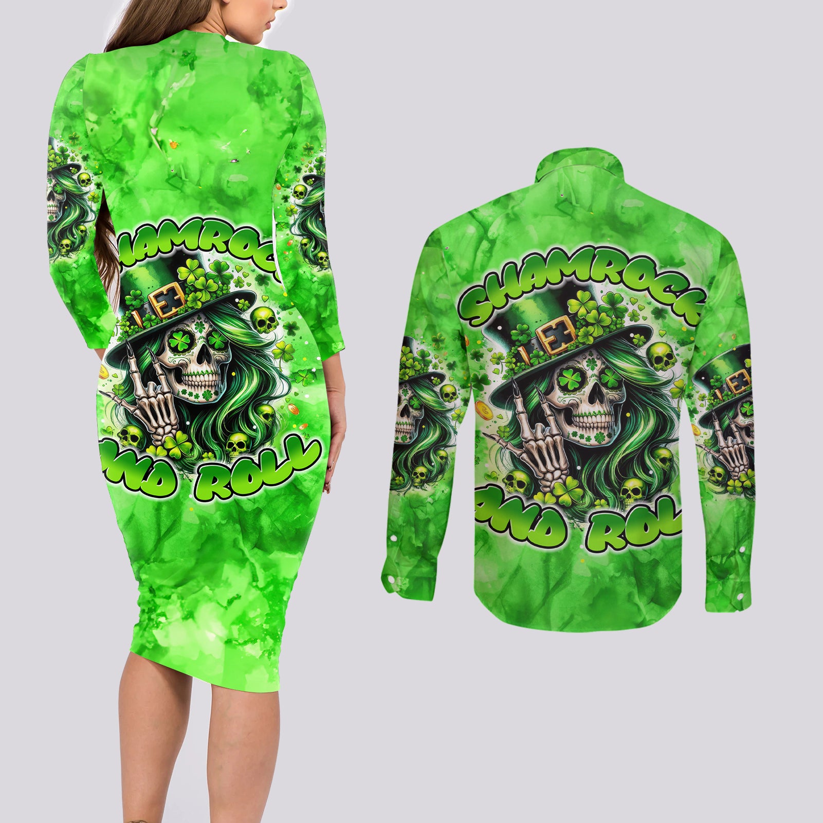 Irish Skull Couples Matching Long Sleeve Bodycon Dress and Long Sleeve Button Shirt Shamrock And Roll