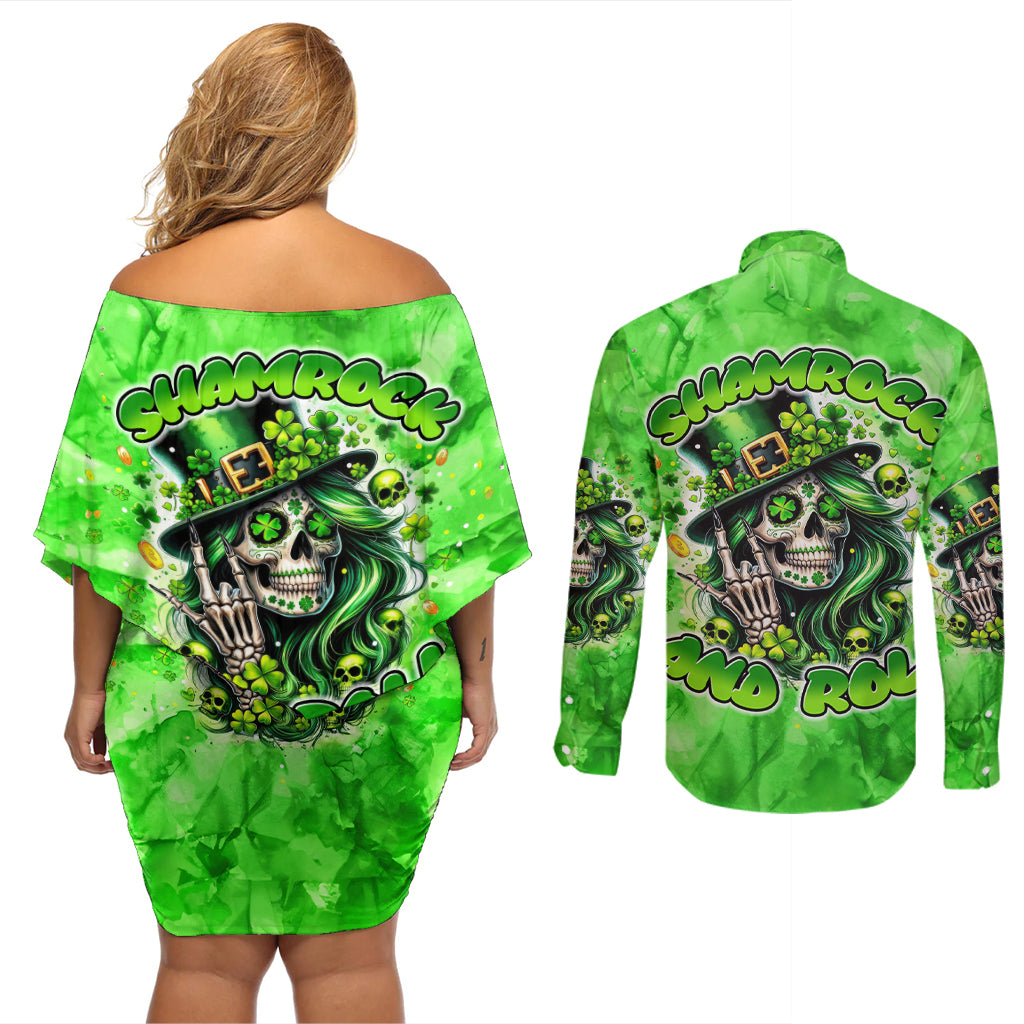 Irish Skull Couples Matching Off Shoulder Short Dress and Long Sleeve Button Shirt Shamrock And Roll