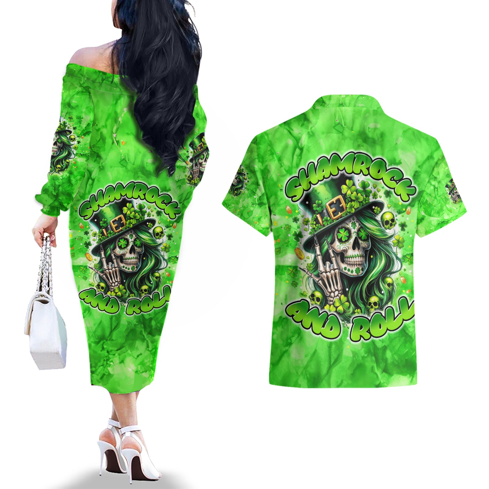 Irish Skull Couples Matching Off The Shoulder Long Sleeve Dress and Hawaiian Shirt Shamrock And Roll