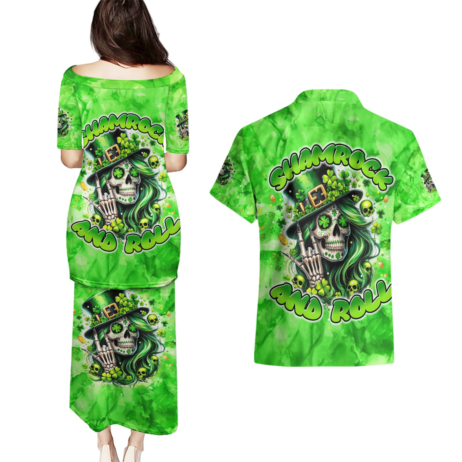 Irish Skull Couples Matching Puletasi and Hawaiian Shirt Shamrock And Roll