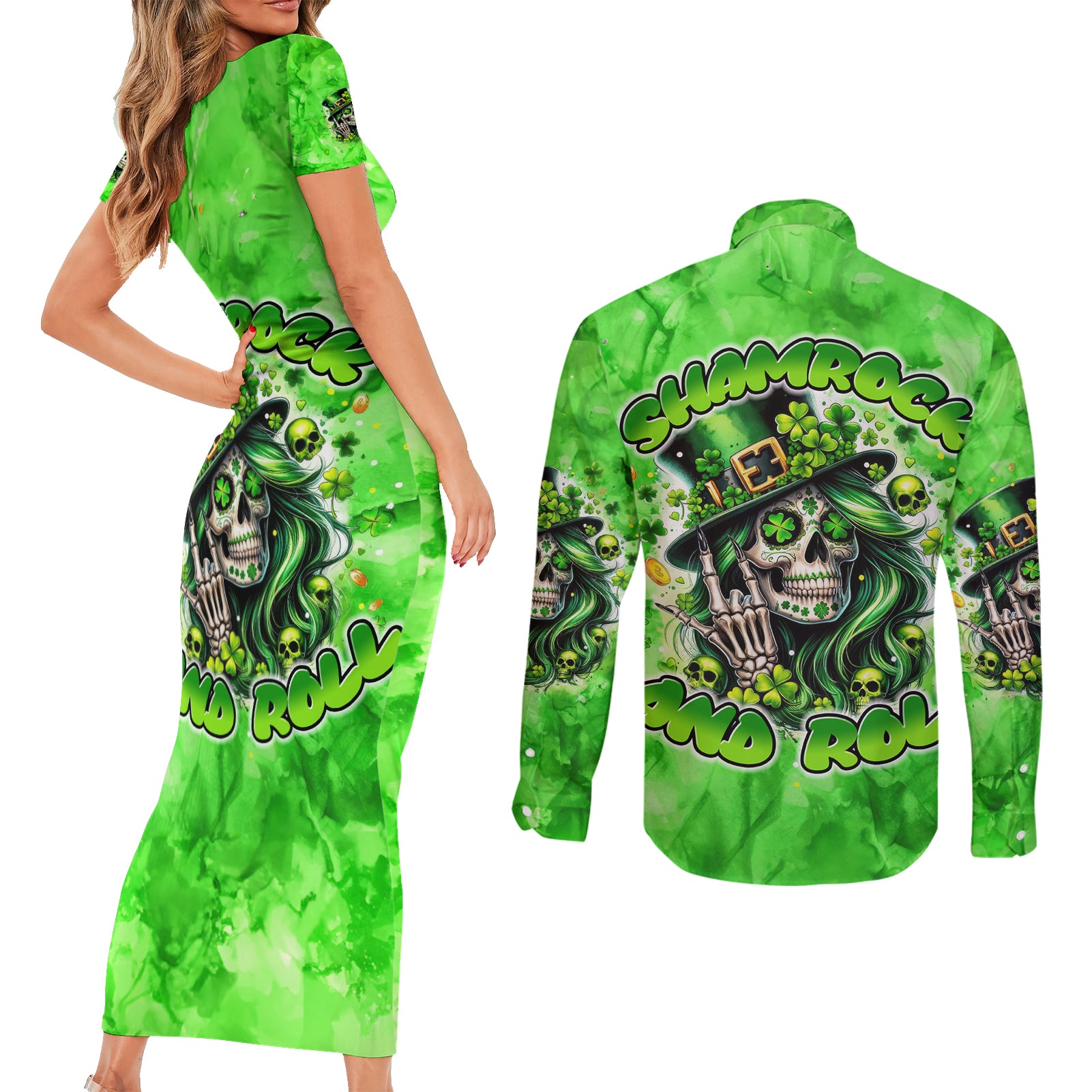 Irish Skull Couples Matching Short Sleeve Bodycon Dress and Long Sleeve Button Shirt Shamrock And Roll