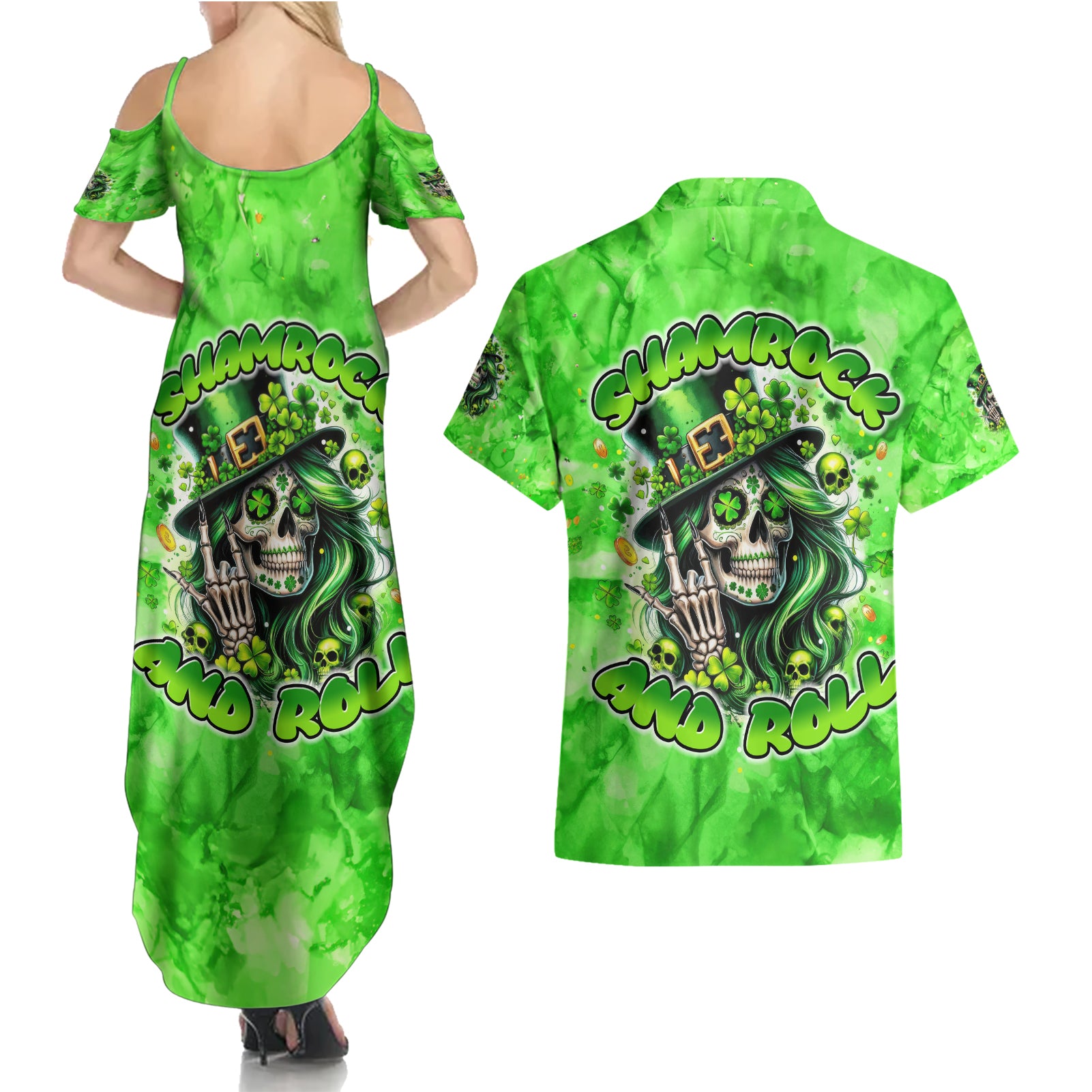 Irish Skull Couples Matching Summer Maxi Dress and Hawaiian Shirt Shamrock And Roll