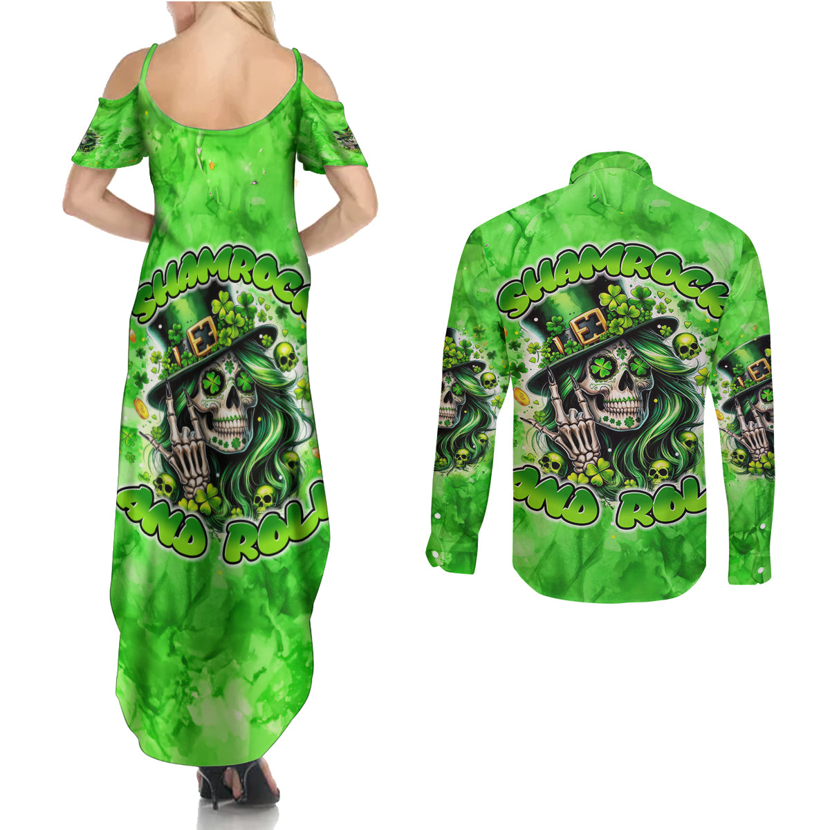 Irish Skull Couples Matching Summer Maxi Dress and Long Sleeve Button Shirt Shamrock And Roll