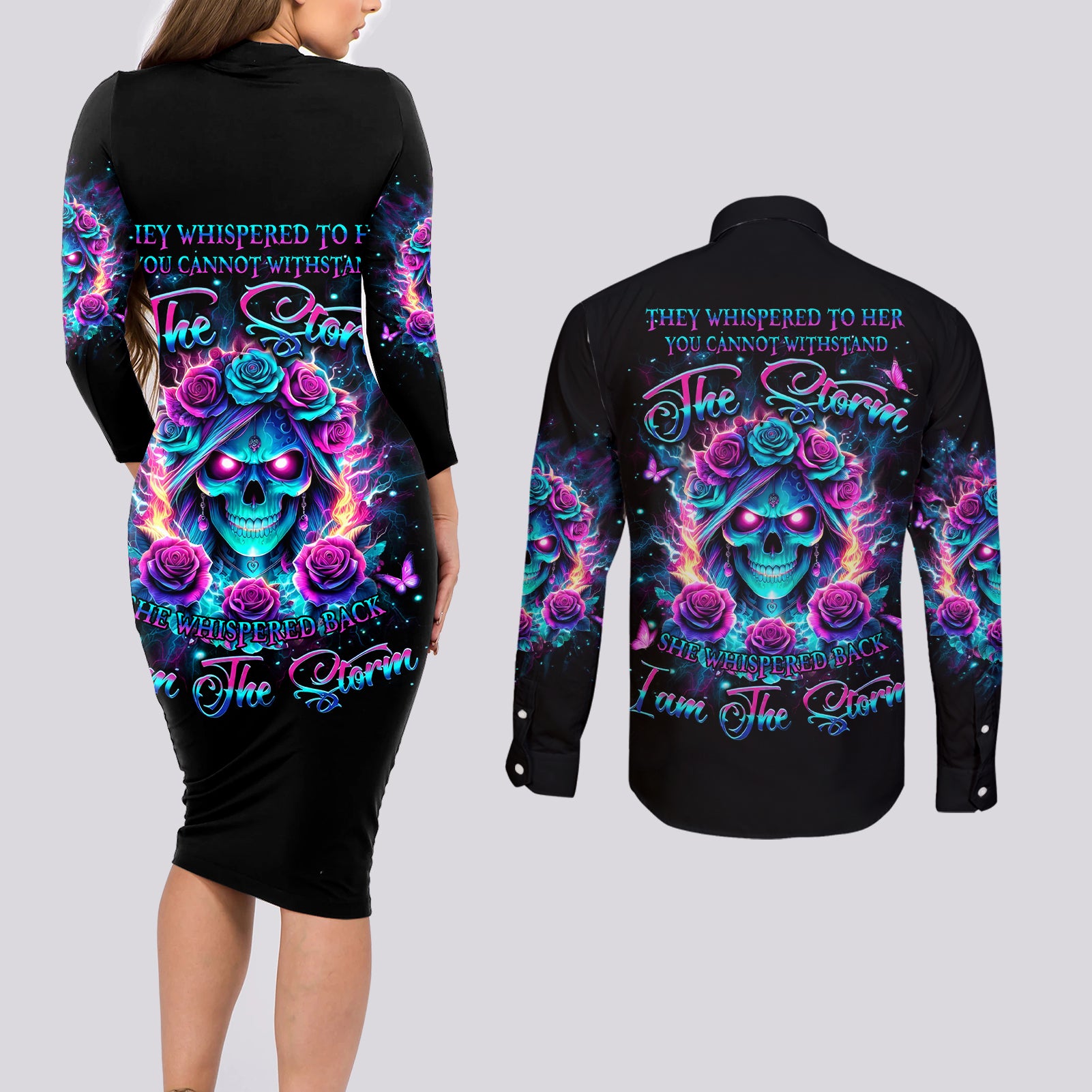 Rose Skull Couples Matching Long Sleeve Bodycon Dress and Long Sleeve Button Shirt She Whispered Back Iam The Storm