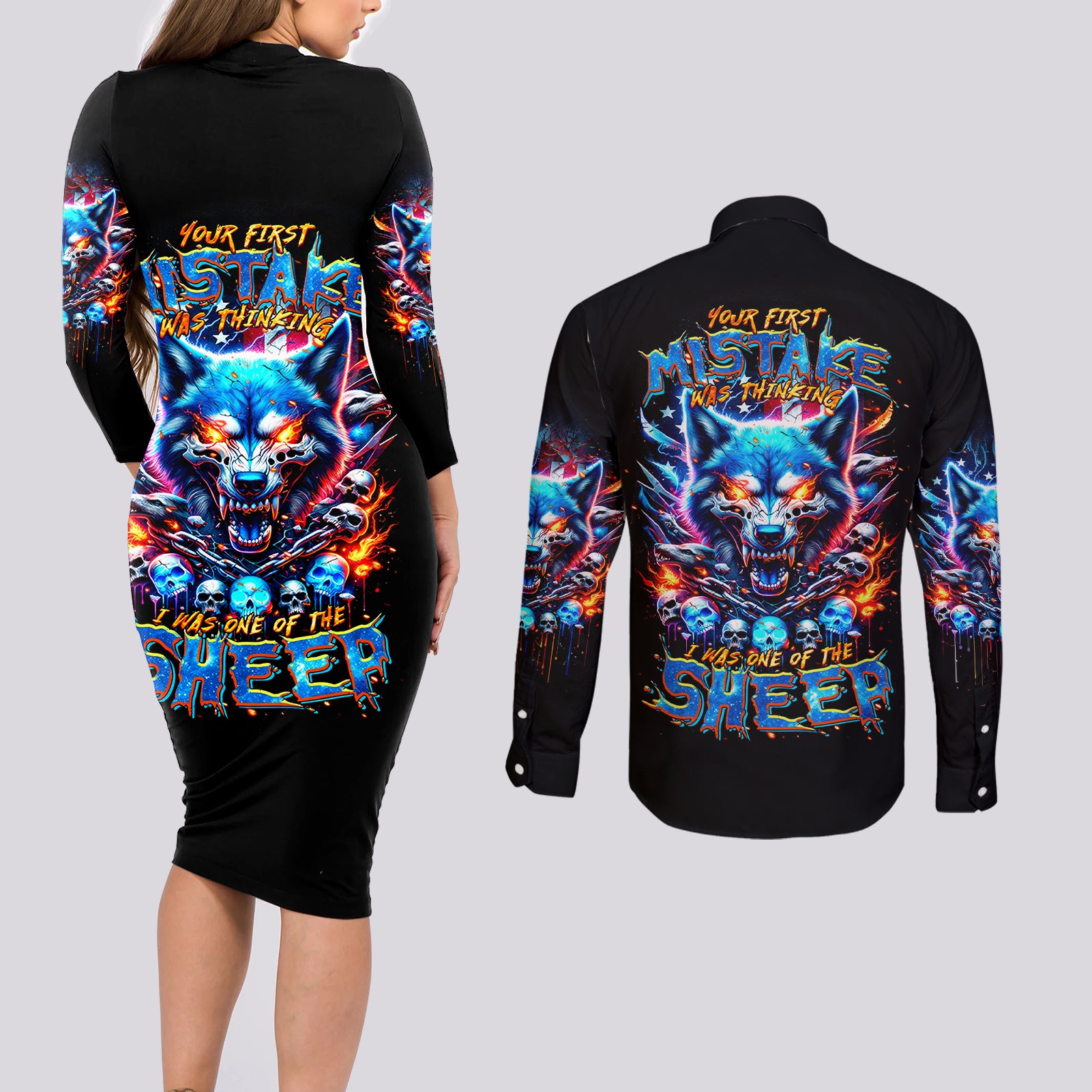 Wolf Skull Couples Matching Long Sleeve Bodycon Dress and Long Sleeve Button Shirt Your First Mistake Was Thinking I was One Of The Sheep