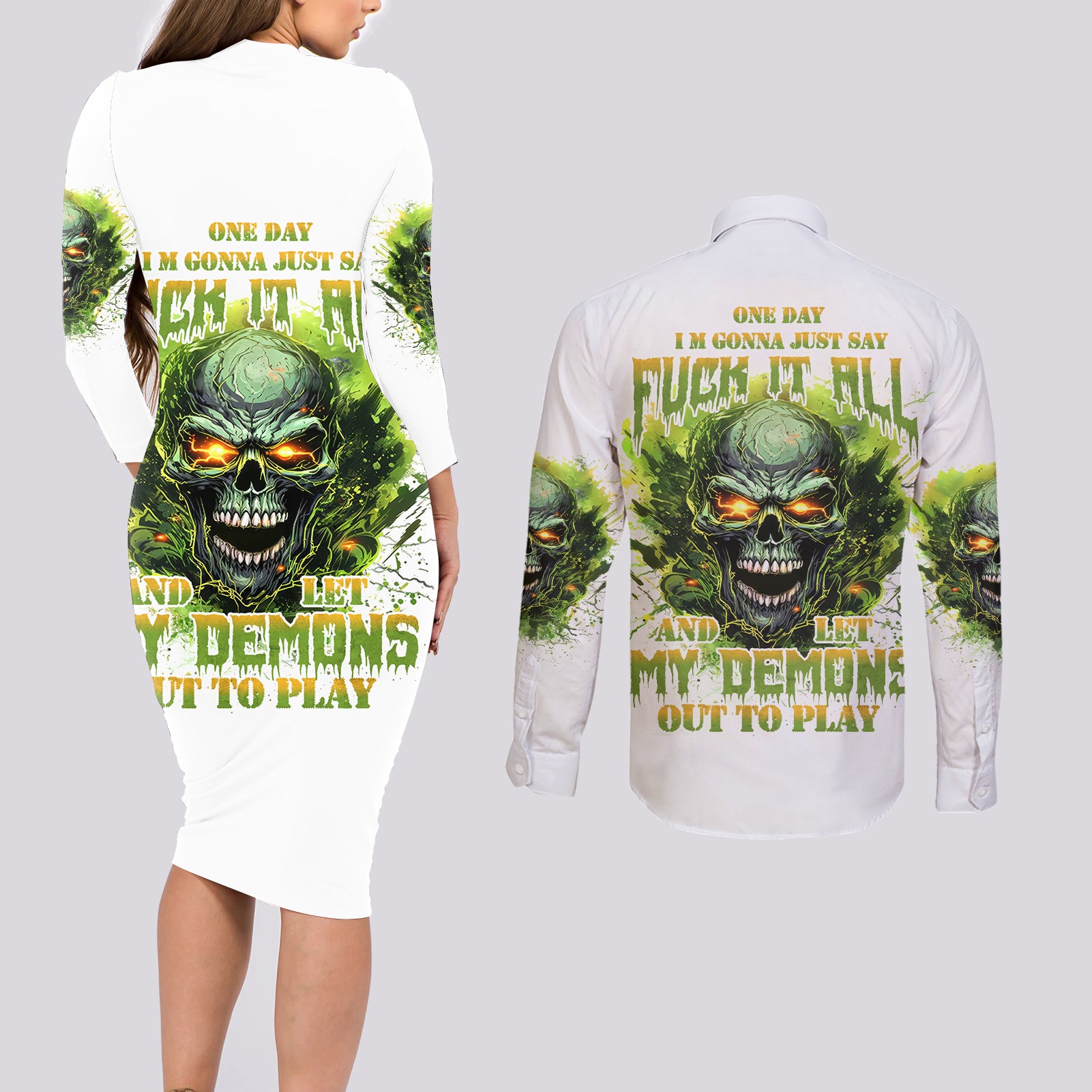 Flame Skull Couples Matching Long Sleeve Bodycon Dress and Long Sleeve Button Shirt One Day Im Gonna Just Say Fuck It All