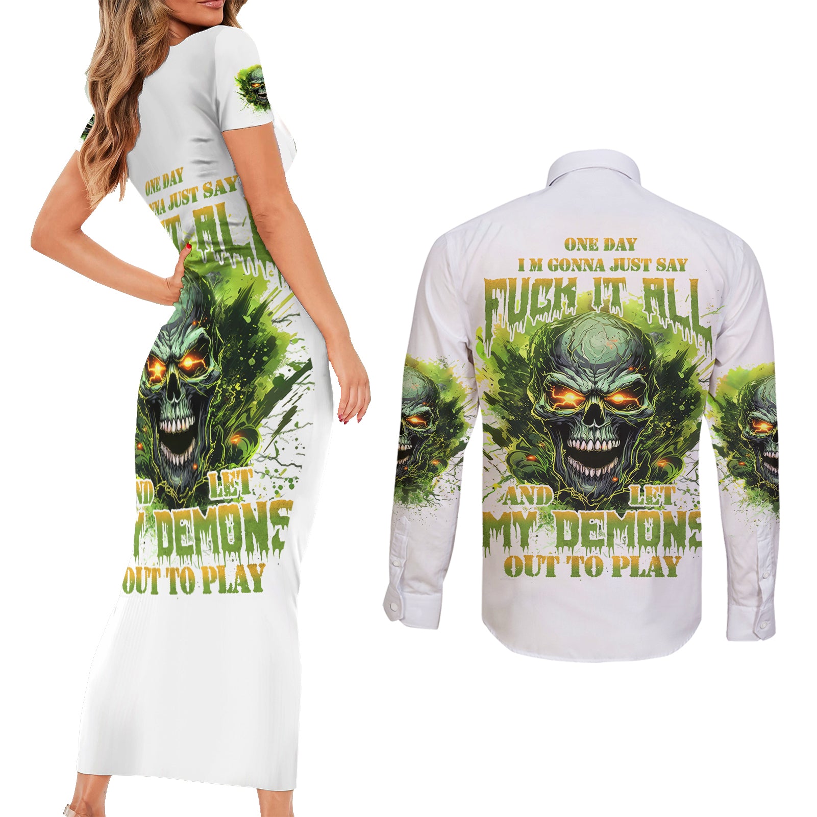 Flame Skull Couples Matching Short Sleeve Bodycon Dress and Long Sleeve Button Shirt One Day Im Gonna Just Say Fuck It All