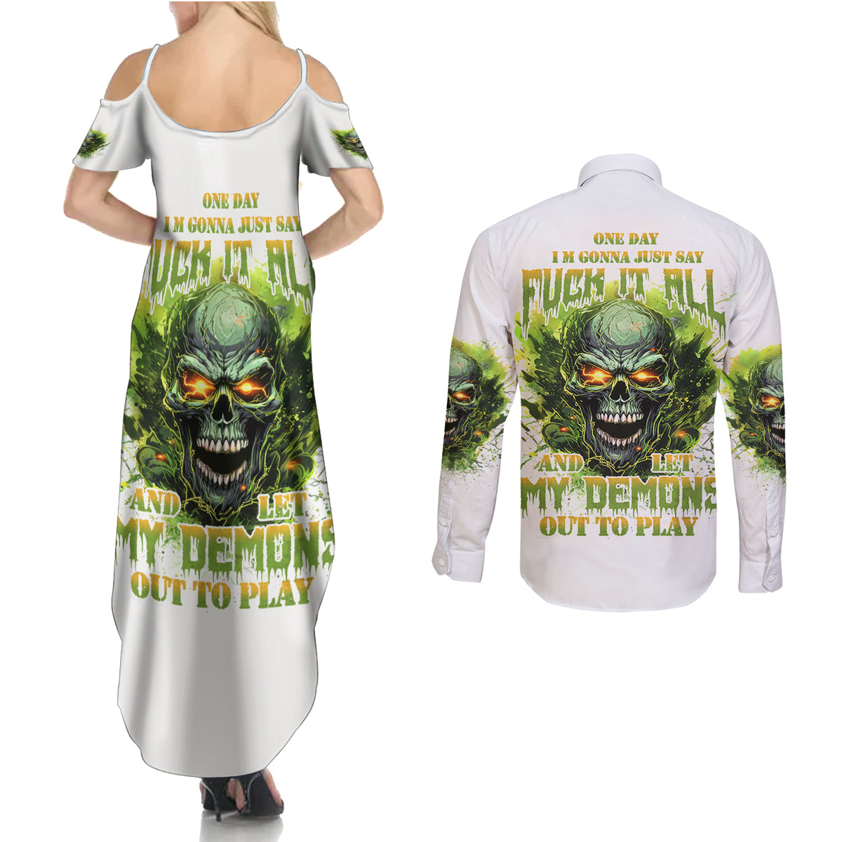 Flame Skull Couples Matching Summer Maxi Dress and Long Sleeve Button Shirt One Day Im Gonna Just Say Fuck It All