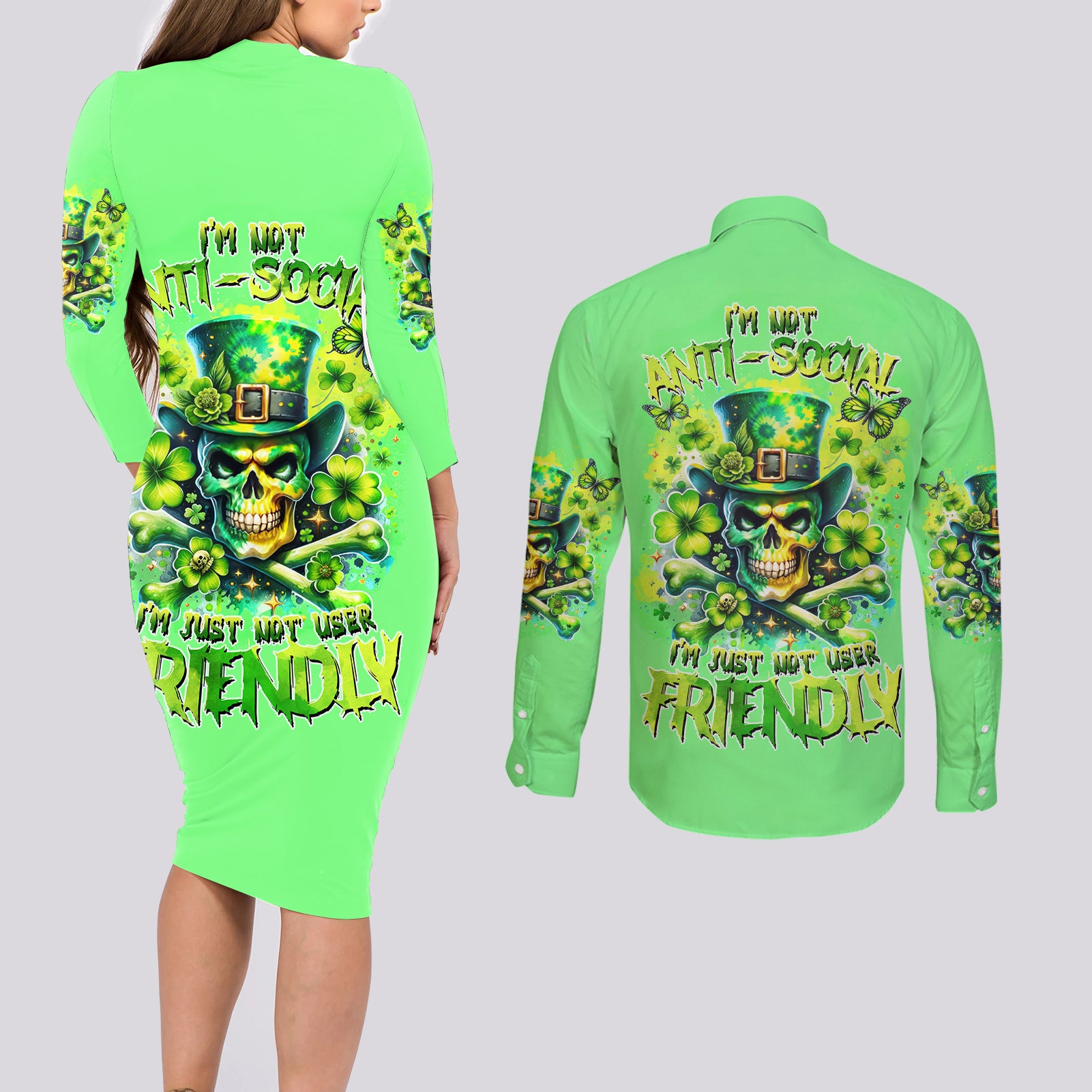 Irish Skull Couples Matching Long Sleeve Bodycon Dress and Long Sleeve Button Shirt I'm Not Anti Social I'm Just Not User Friendly