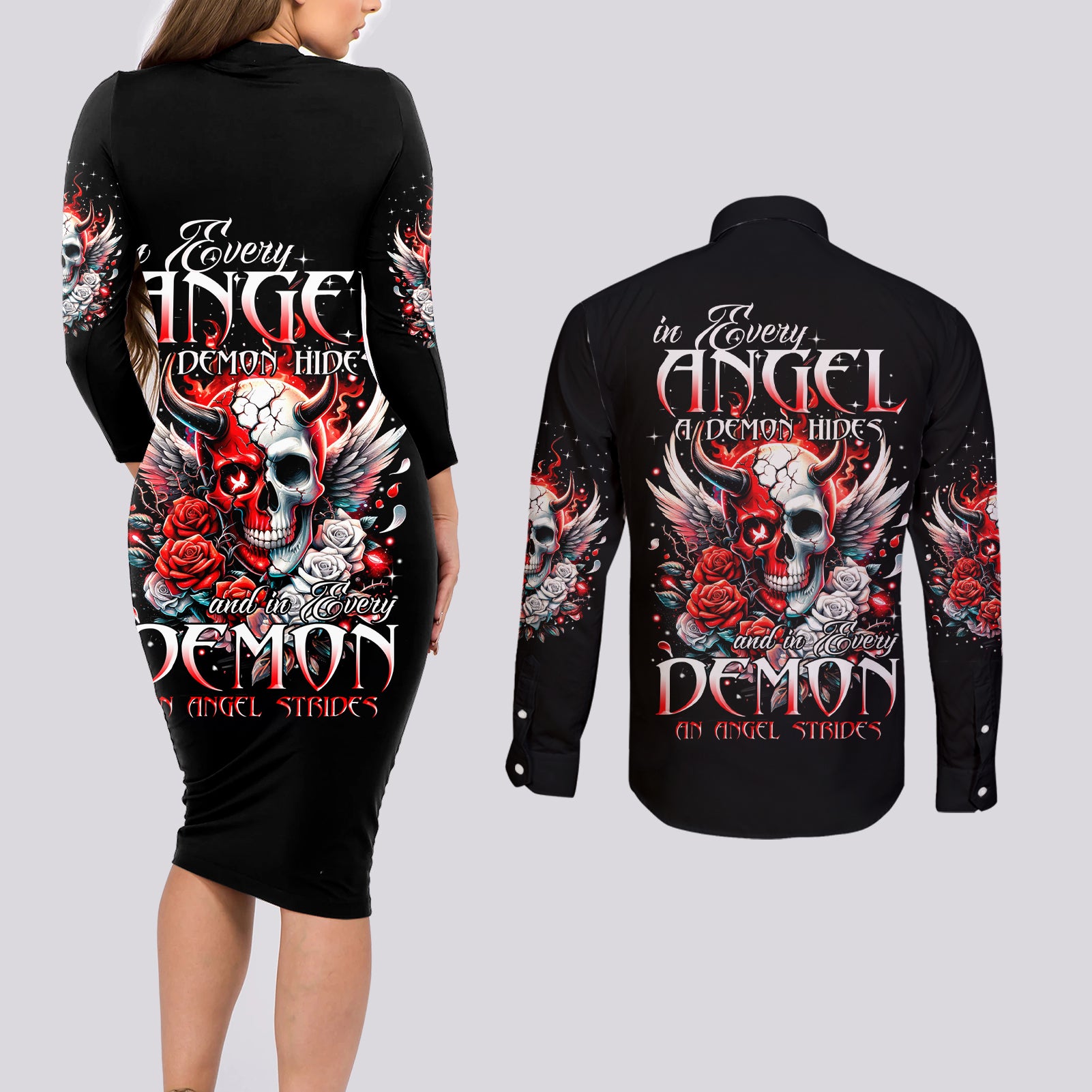 Devil Skull Couples Matching Long Sleeve Bodycon Dress and Long Sleeve Button Shirt In Every Angel A Demon Hides And In Every Demon An Angel Strides