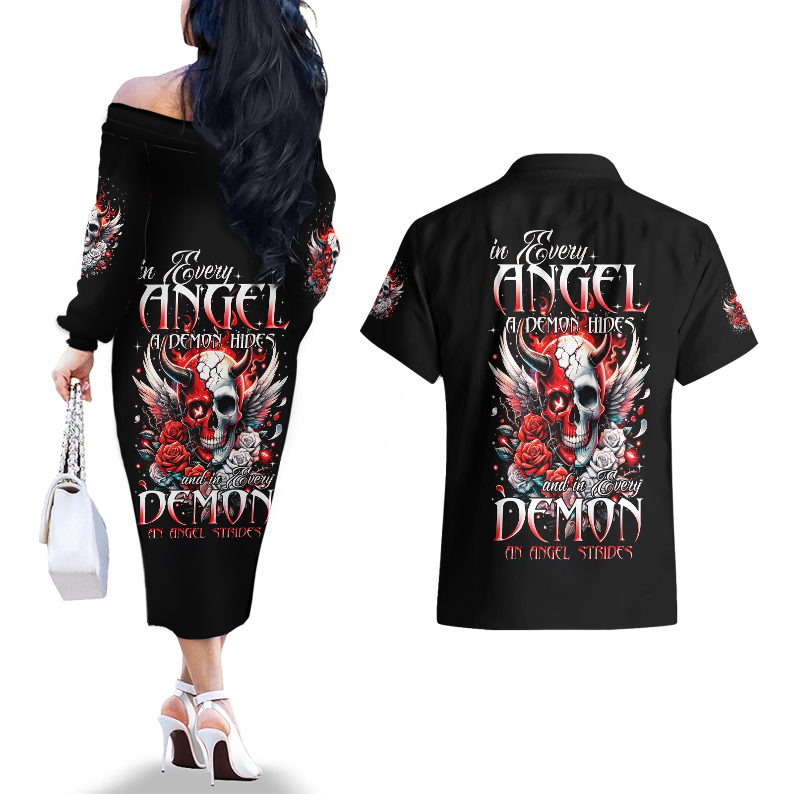 Devil Skull Couples Matching Off The Shoulder Long Sleeve Dress and Hawaiian Shirt In Every Angel A Demon Hides And In Every Demon An Angel Strides