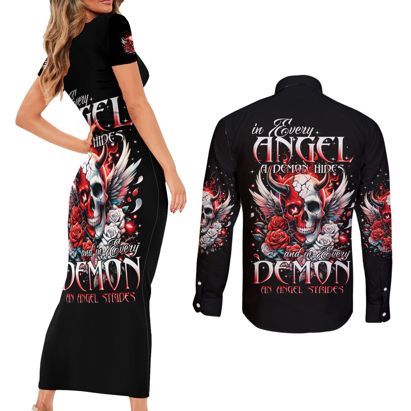 Devil Skull Couples Matching Short Sleeve Bodycon Dress and Long Sleeve Button Shirt In Every Angel A Demon Hides And In Every Demon An Angel Strides