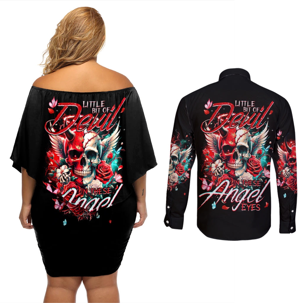 Devil Skull Couples Matching Off Shoulder Short Dress and Long Sleeve Button Shirt Little Bit Of Devil In These Angel eyes