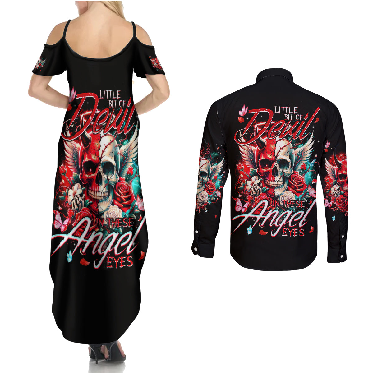 Devil Skull Couples Matching Summer Maxi Dress and Long Sleeve Button Shirt Little Bit Of Devil In These Angel eyes