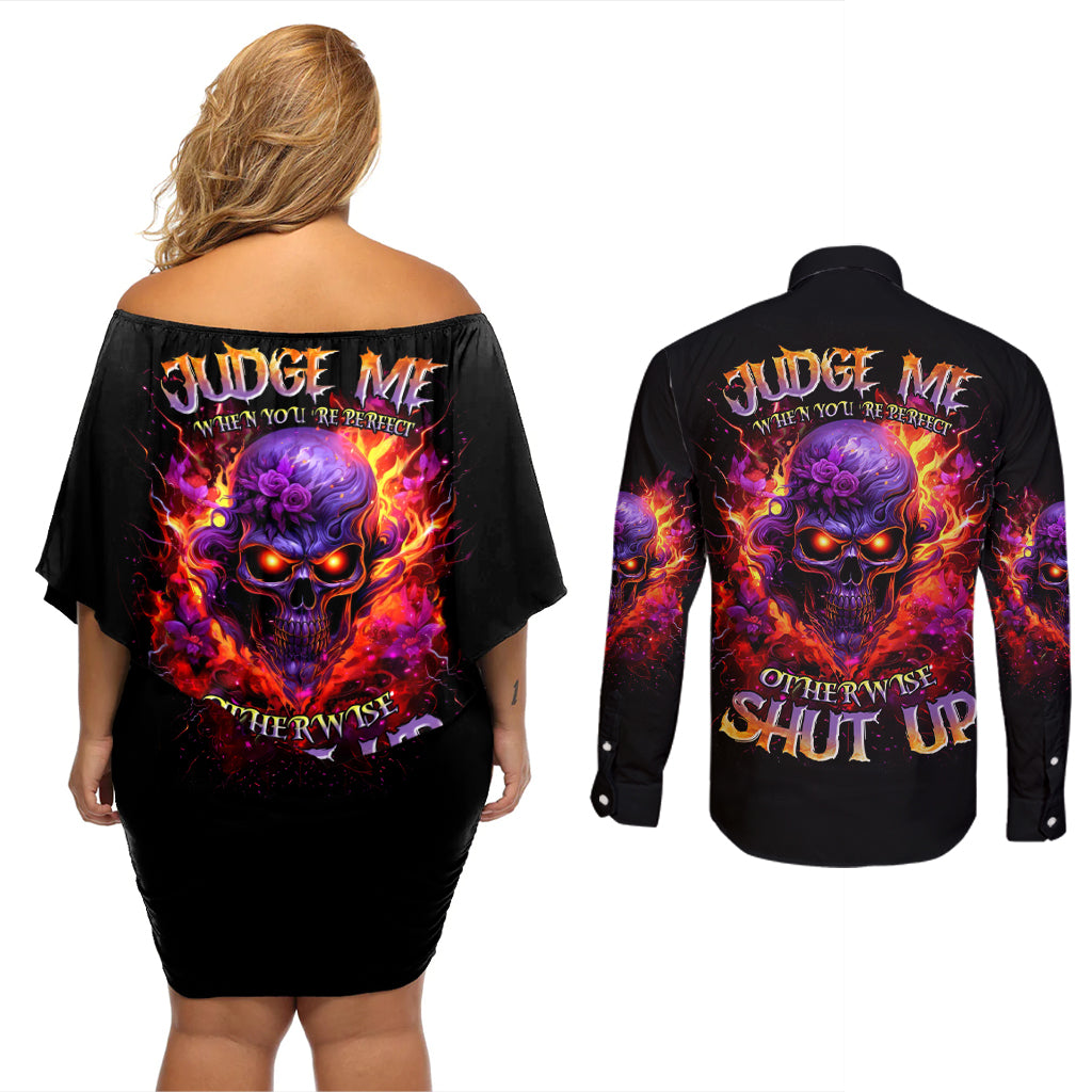 Flame Skull Couples Matching Off Shoulder Short Dress and Long Sleeve Button Shirt Judge Me When You Reperfect Otherwise Shut Up