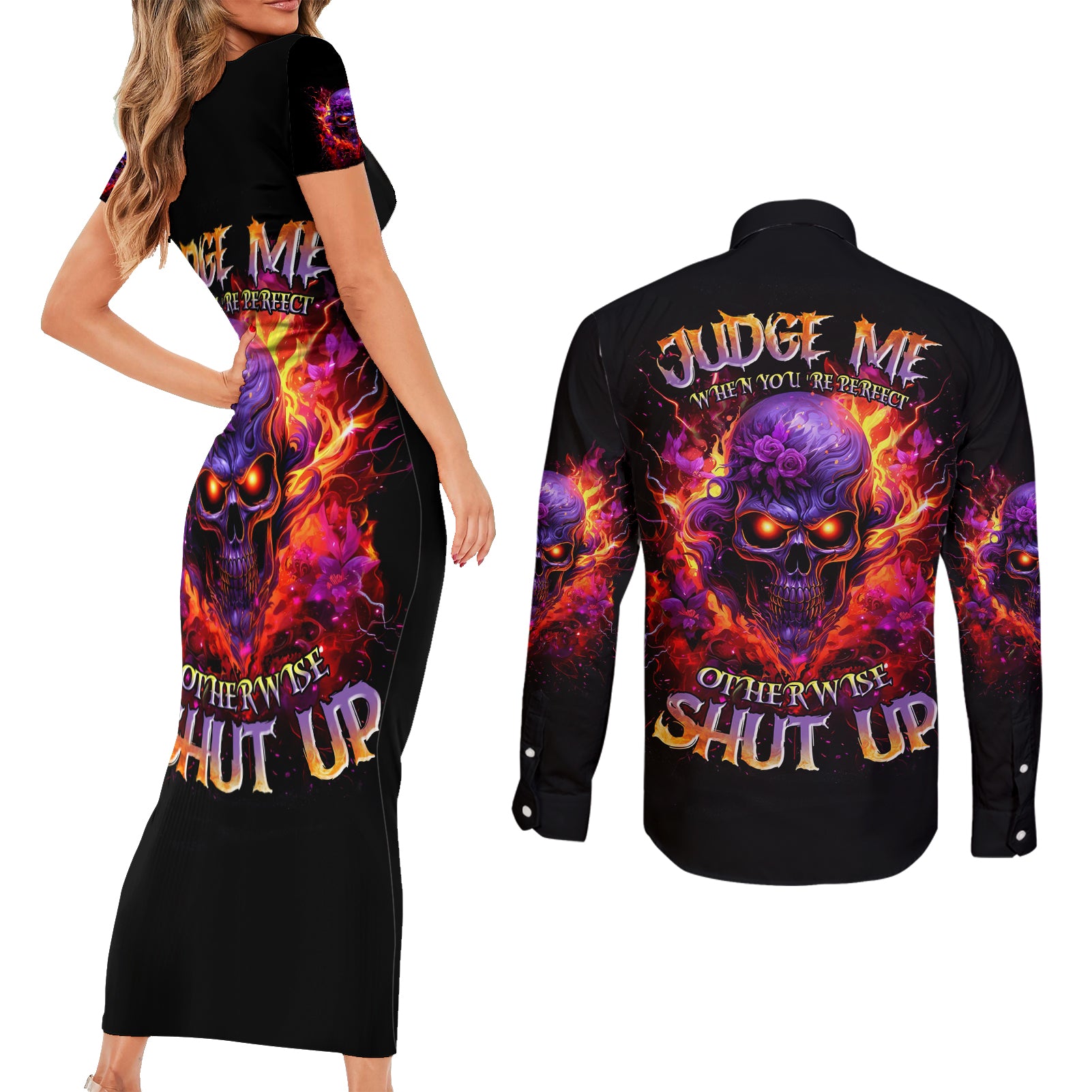 Flame Skull Couples Matching Short Sleeve Bodycon Dress and Long Sleeve Button Shirt Judge Me When You Reperfect Otherwise Shut Up