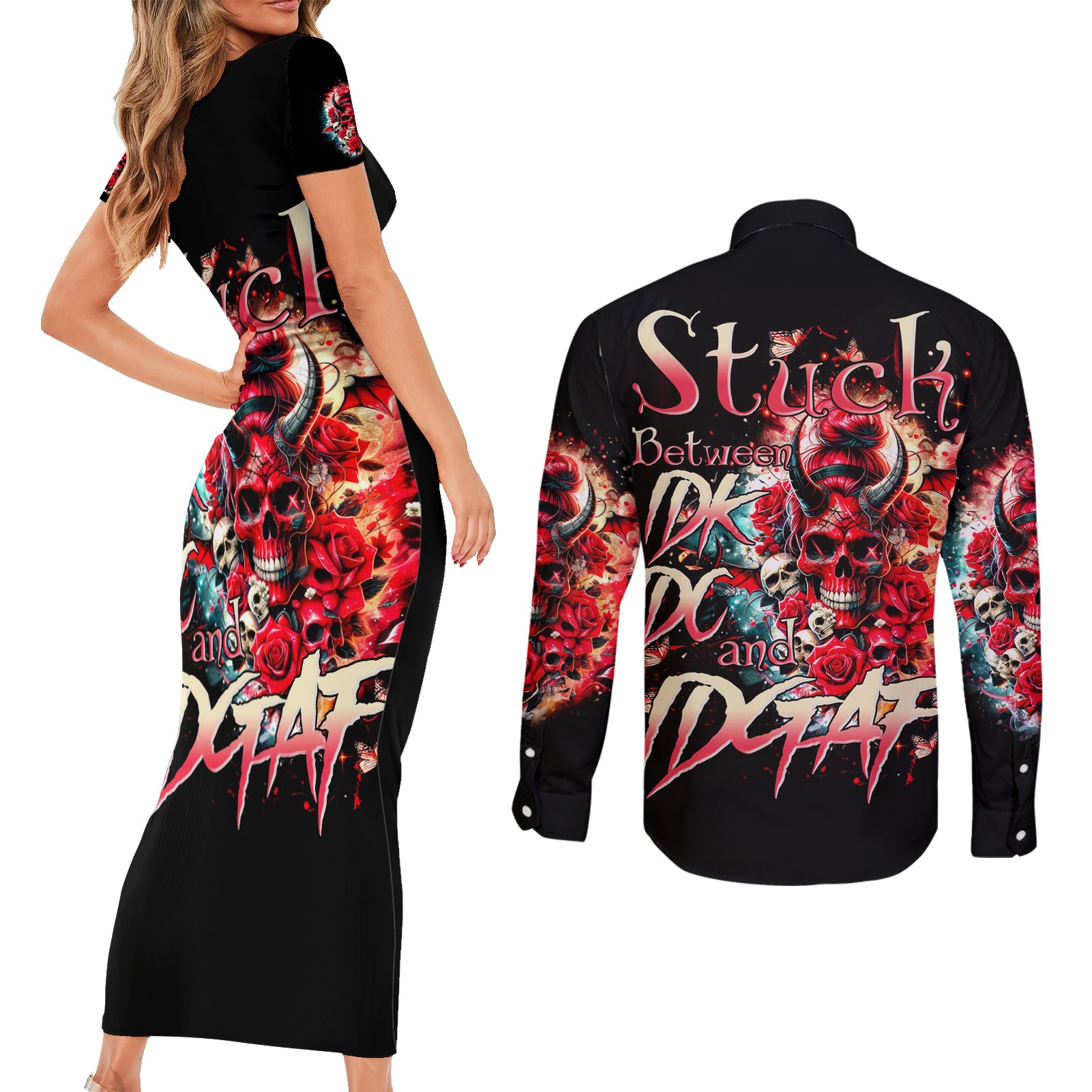 Devil Skull Couples Matching Short Sleeve Bodycon Dress and Long Sleeve Button Shirt Stuck Between IDK IDC and IDGAF