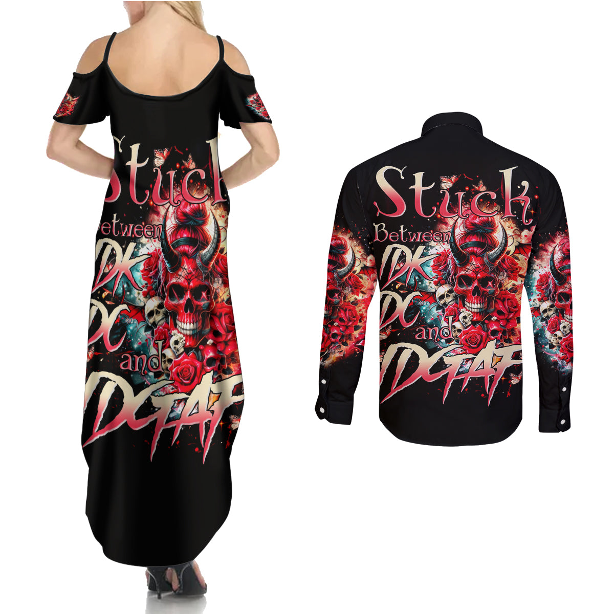 Devil Skull Couples Matching Summer Maxi Dress and Long Sleeve Button Shirt Stuck Between IDK IDC and IDGAF