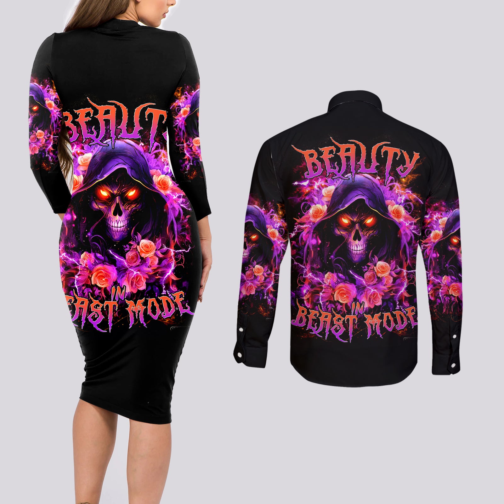 Rose Skull Couples Matching Long Sleeve Bodycon Dress and Long Sleeve Button Shirt Beasuty In Beast Mode