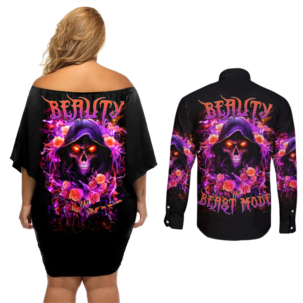 Rose Skull Couples Matching Off Shoulder Short Dress and Long Sleeve Button Shirt Beasuty In Beast Mode