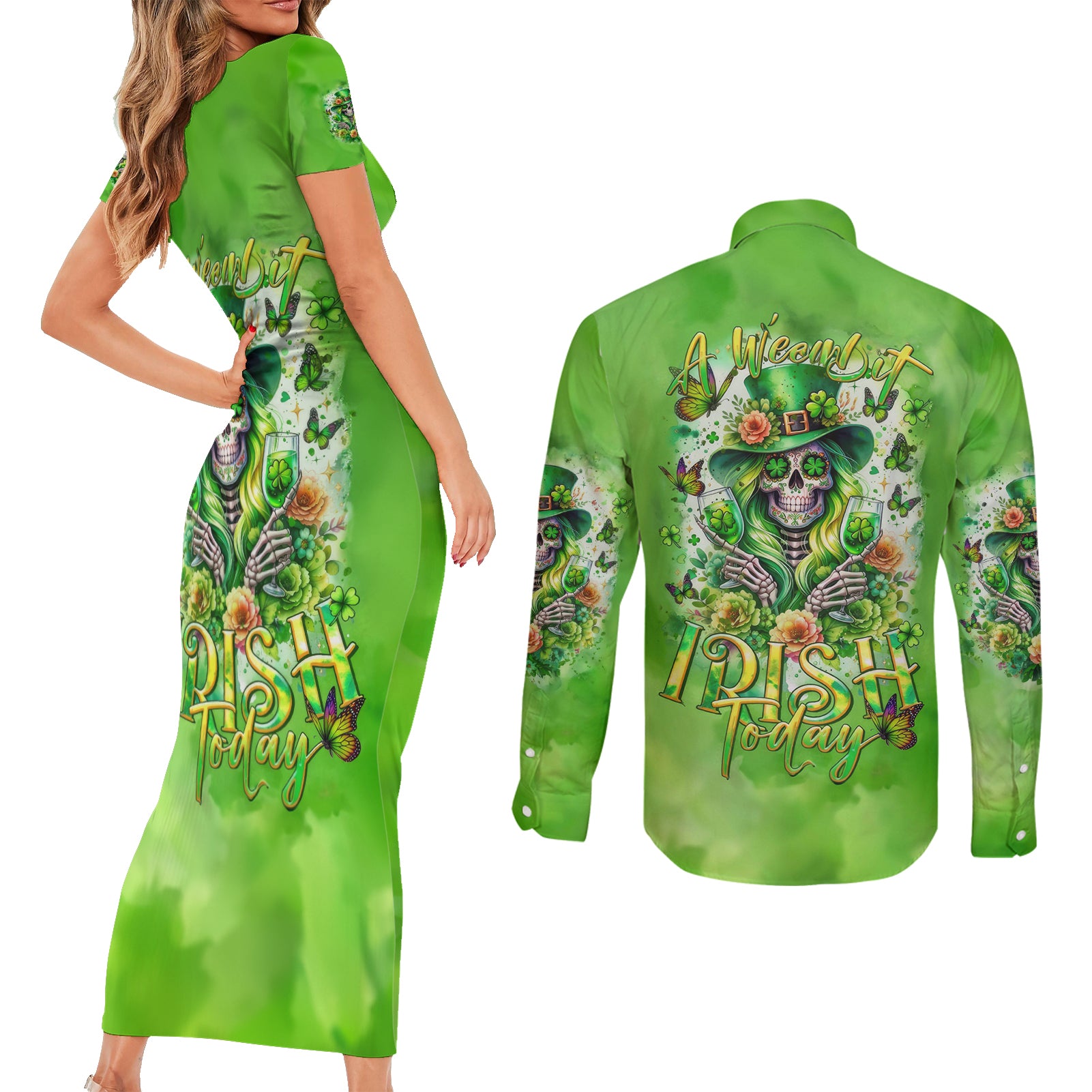 Irish Skull Couples Matching Short Sleeve Bodycon Dress and Long Sleeve Button Shirt Irish Today