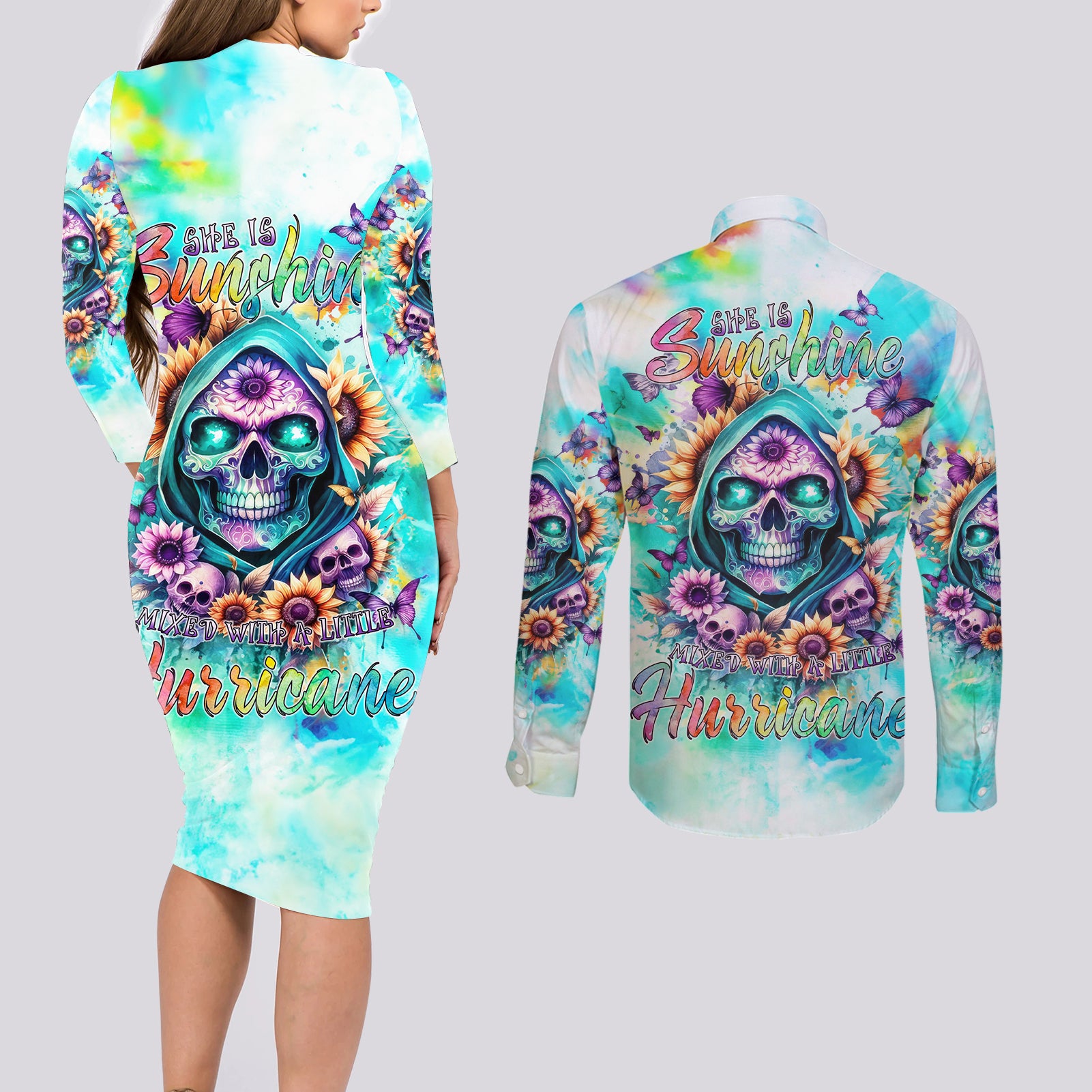 Flower Skull Couples Matching Long Sleeve Bodycon Dress and Long Sleeve Button Shirt She Is Sunshine Mixed With A Little Hurricane