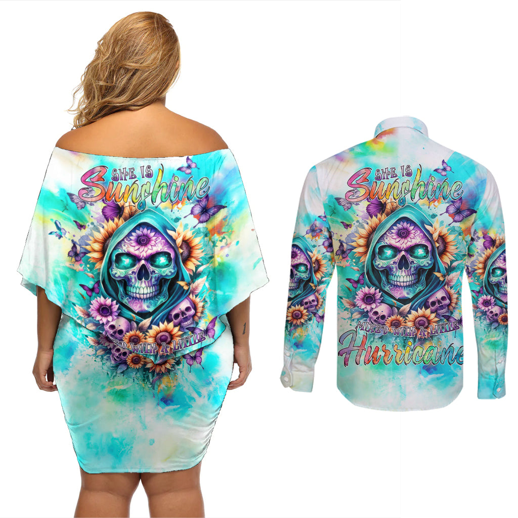 Flower Skull Couples Matching Off Shoulder Short Dress and Long Sleeve Button Shirt She Is Sunshine Mixed With A Little Hurricane