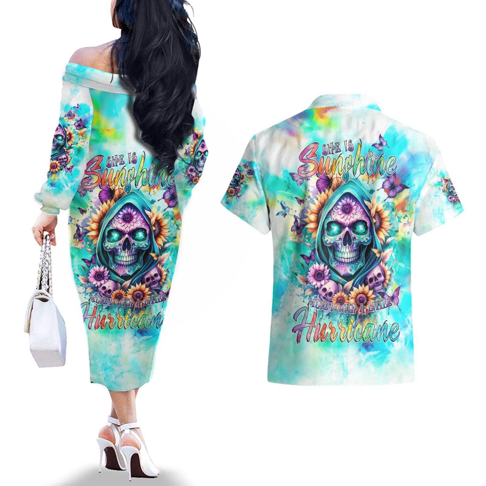 Flower Skull Couples Matching Off The Shoulder Long Sleeve Dress and Hawaiian Shirt She Is Sunshine Mixed With A Little Hurricane